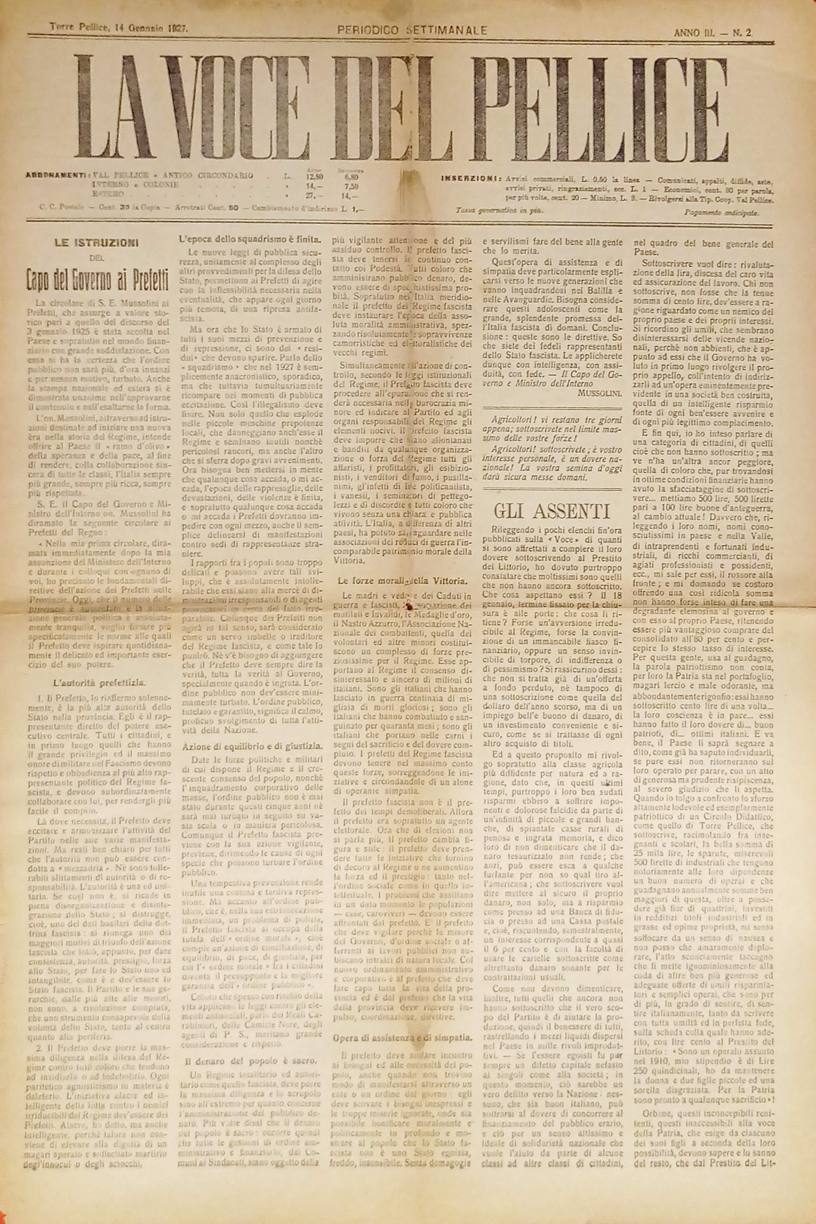 Settimanale - La Voce del Pellice N. 2 - 1927 …