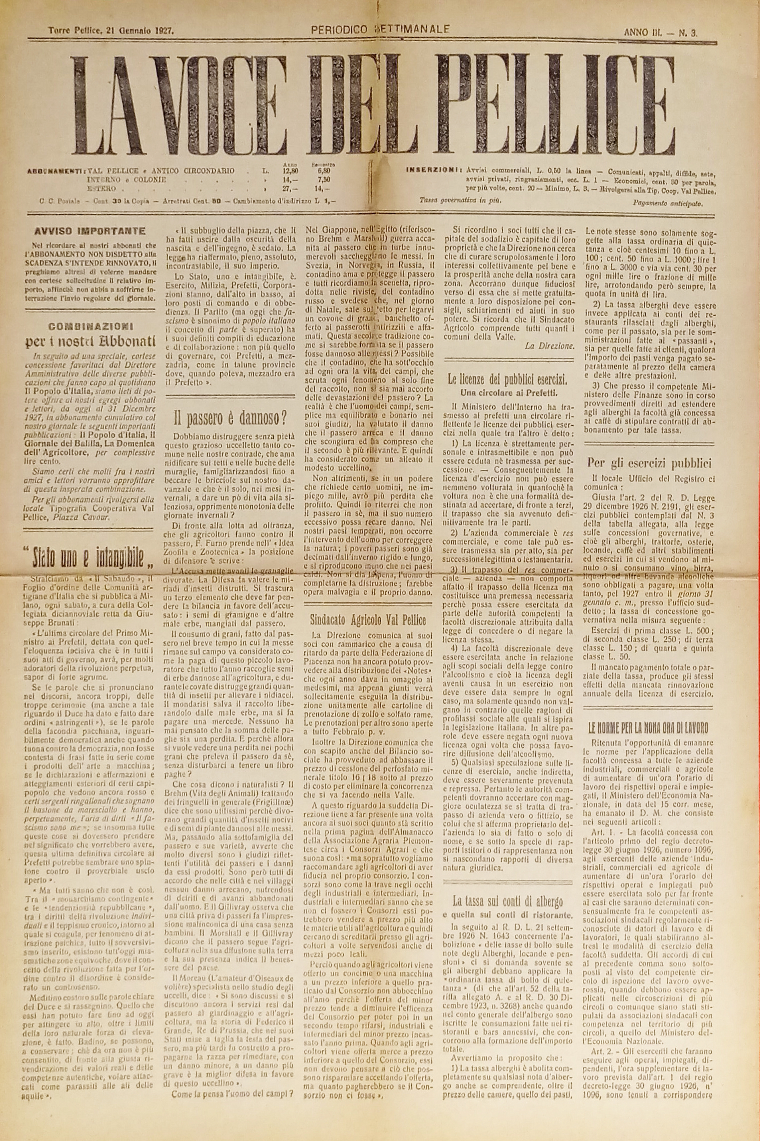 Settimanale - La Voce del Pellice N. 3 - 1927 …