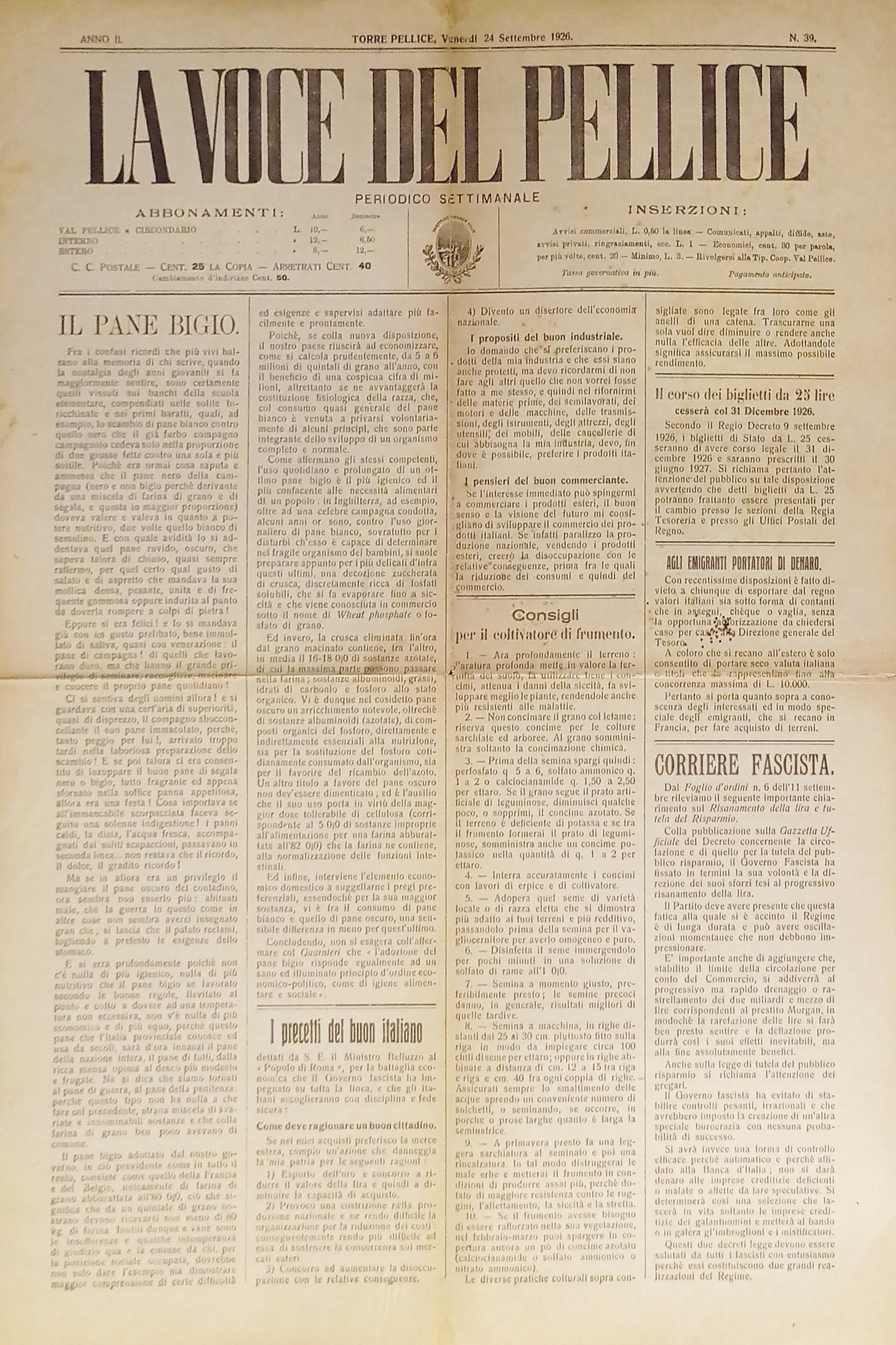 Settimanale - La Voce del Pellice N. 39 - 1926 …