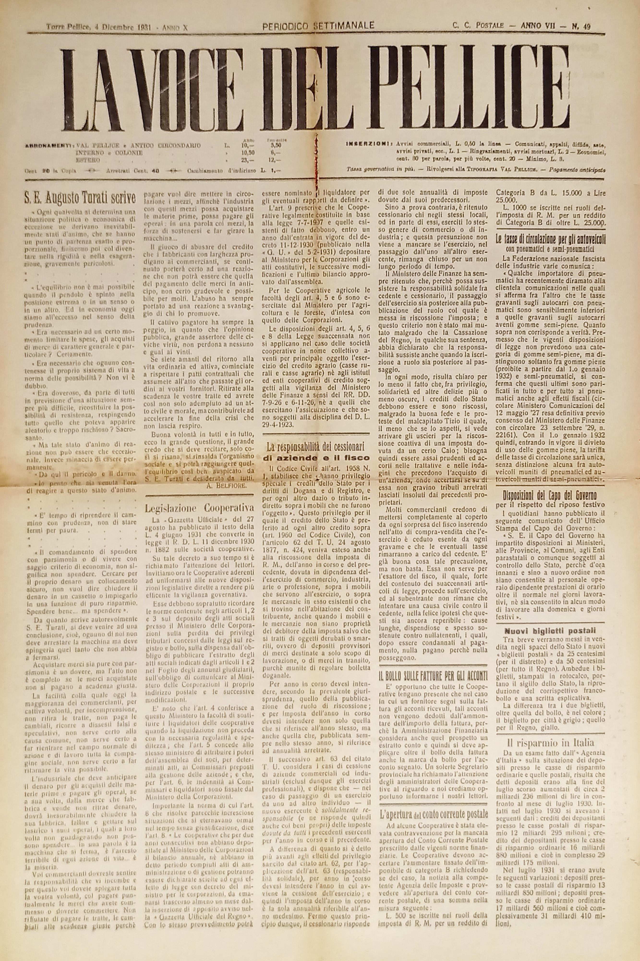 Settimanale - La Voce del Pellice N. 49 - 1931 …