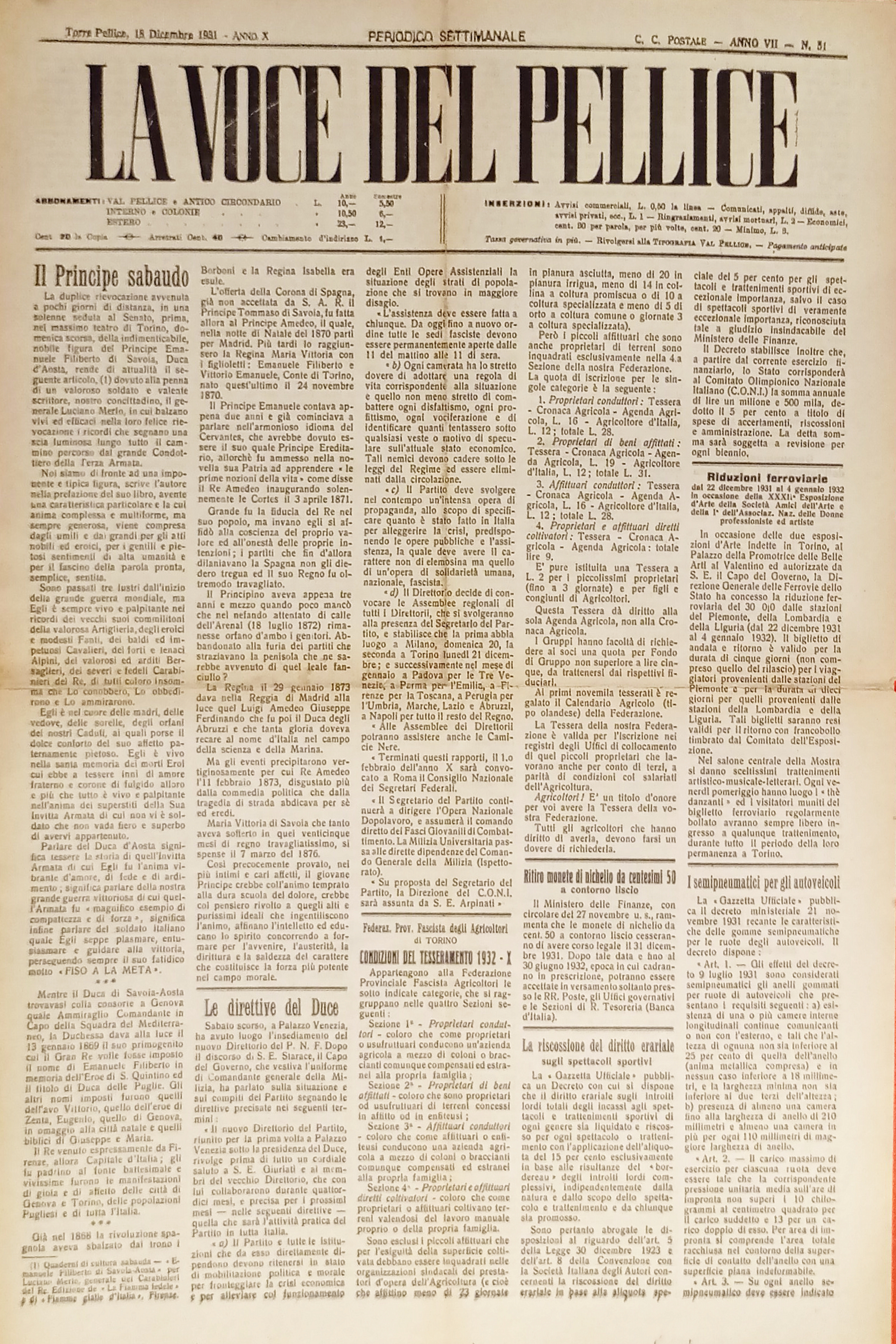 Settimanale - La Voce del Pellice N. 51 - 1931 …