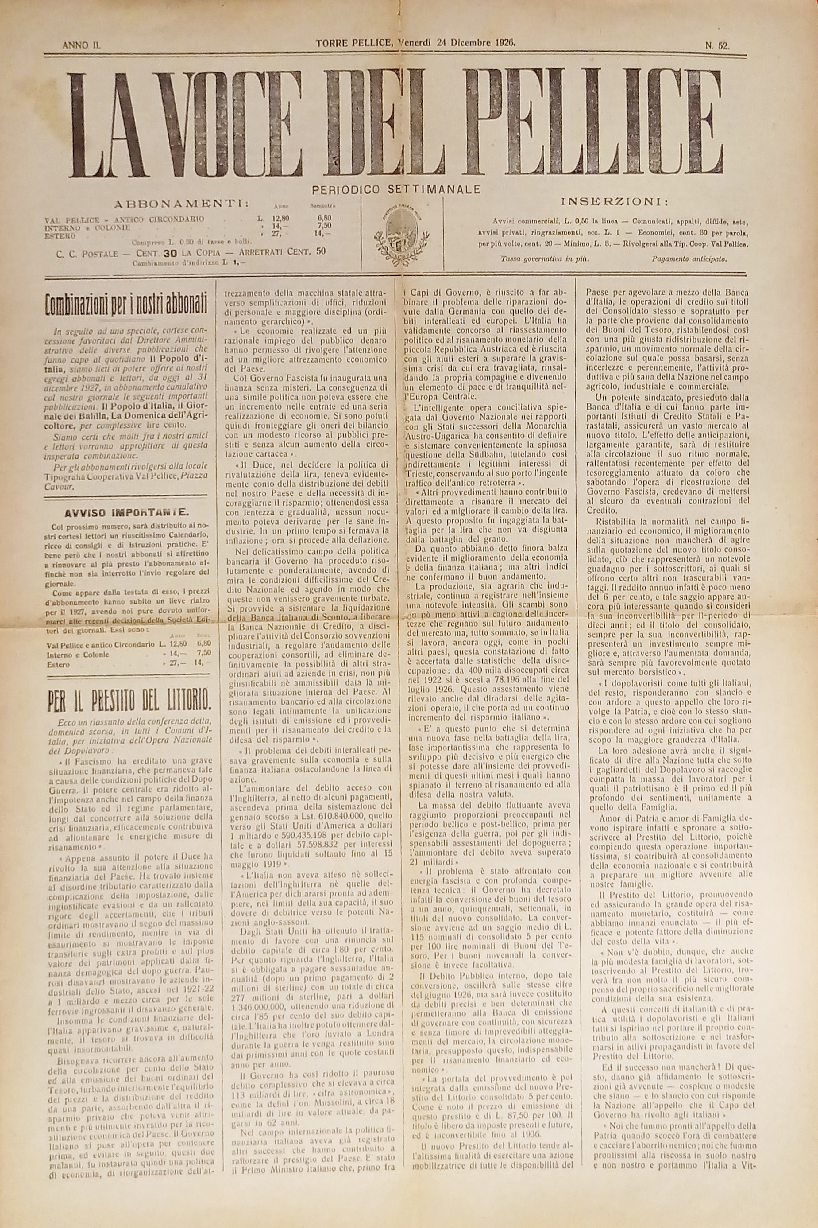 Settimanale - La Voce del Pellice N. 52 - 1926 …