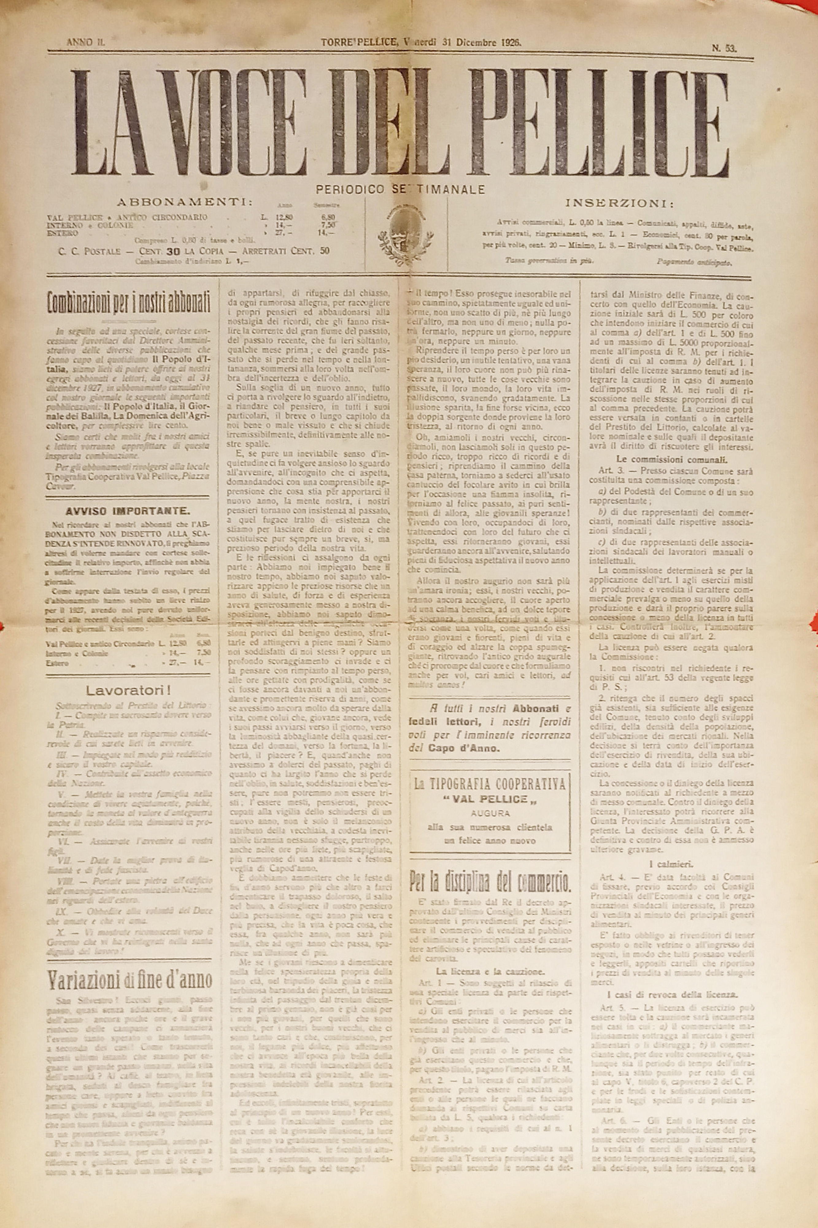 Settimanale - La Voce del Pellice N. 53 - 1926 …