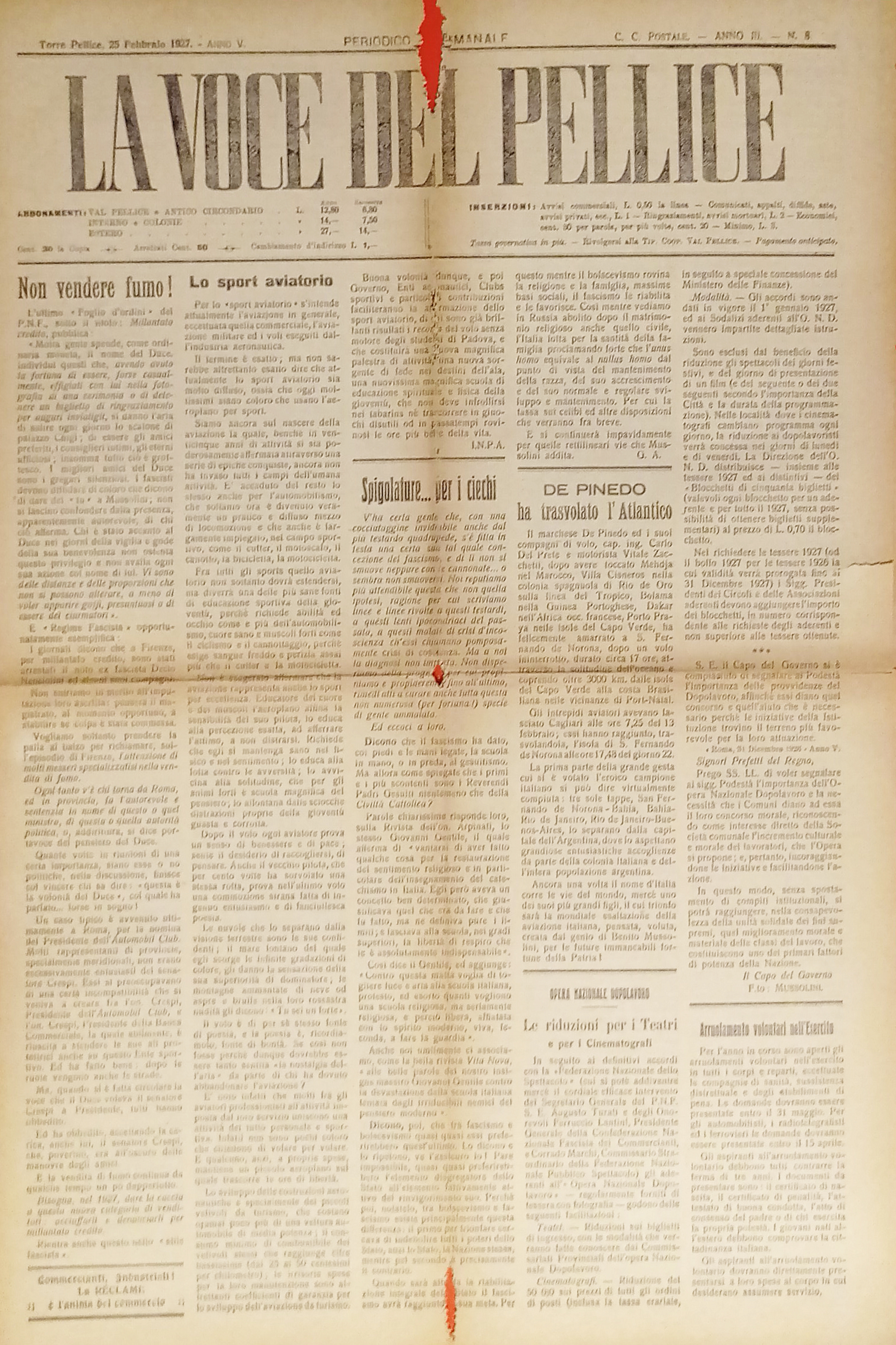 Settimanale - La Voce del Pellice N. 8 - 1927 …