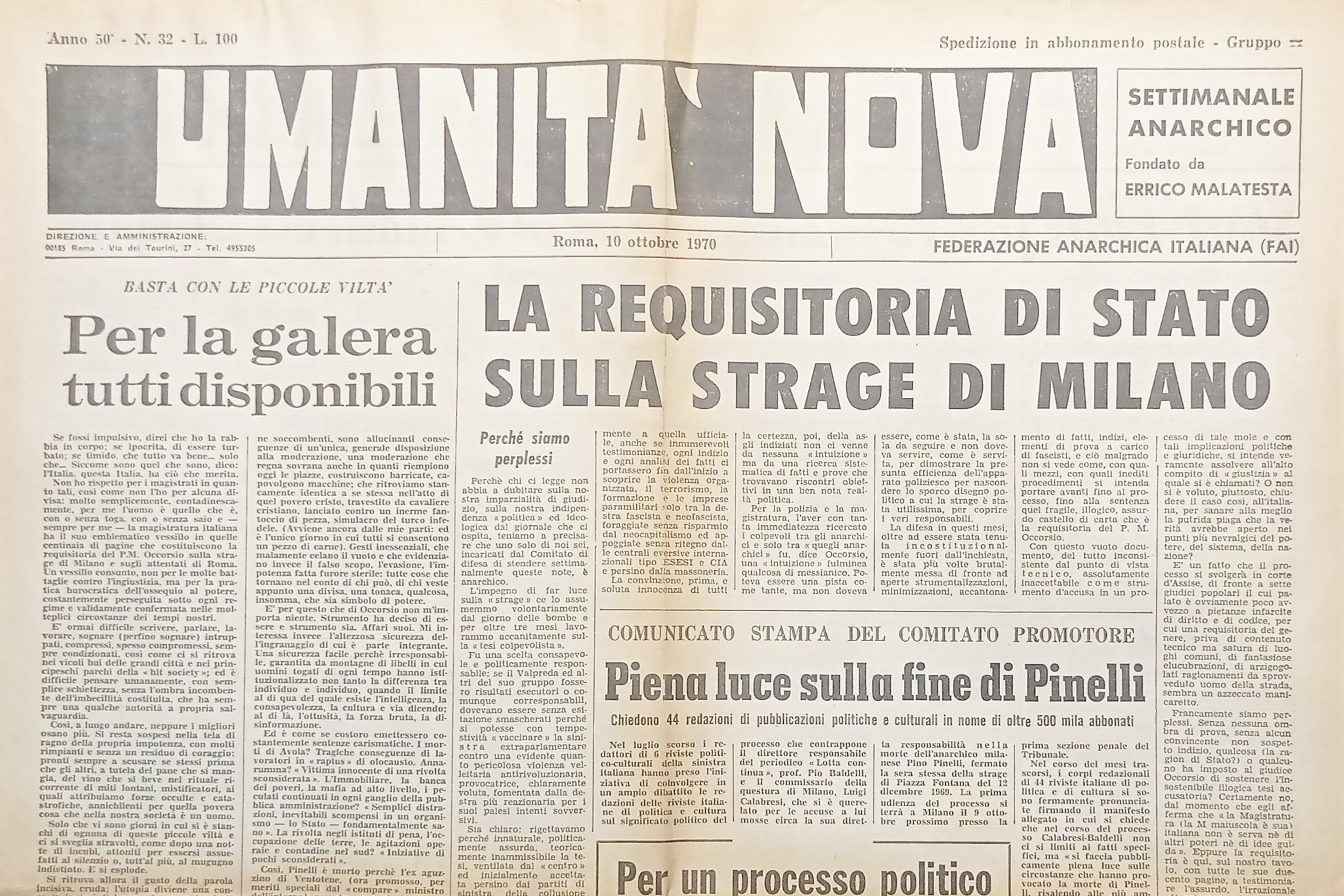 Settimanale Anarchico - Umanità Nova N. 32 Requisitoria Stato Strage …