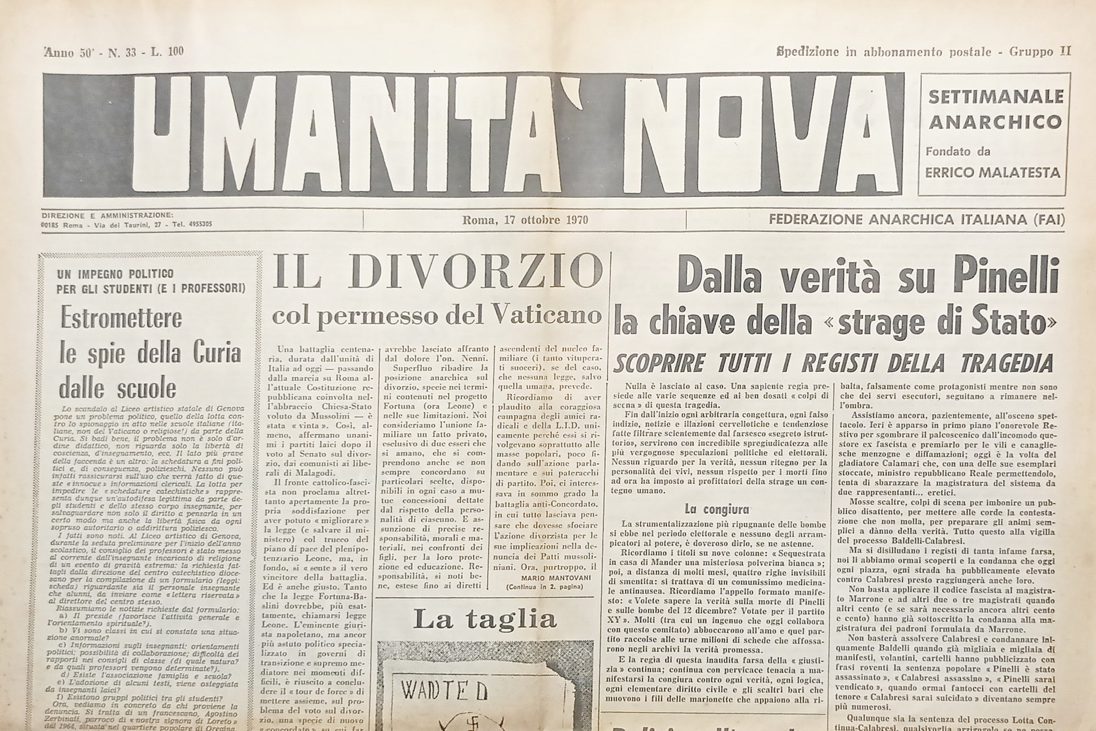 Settimanale Anarchico - Umanità Nova N. 33 - Divorzio permesso …