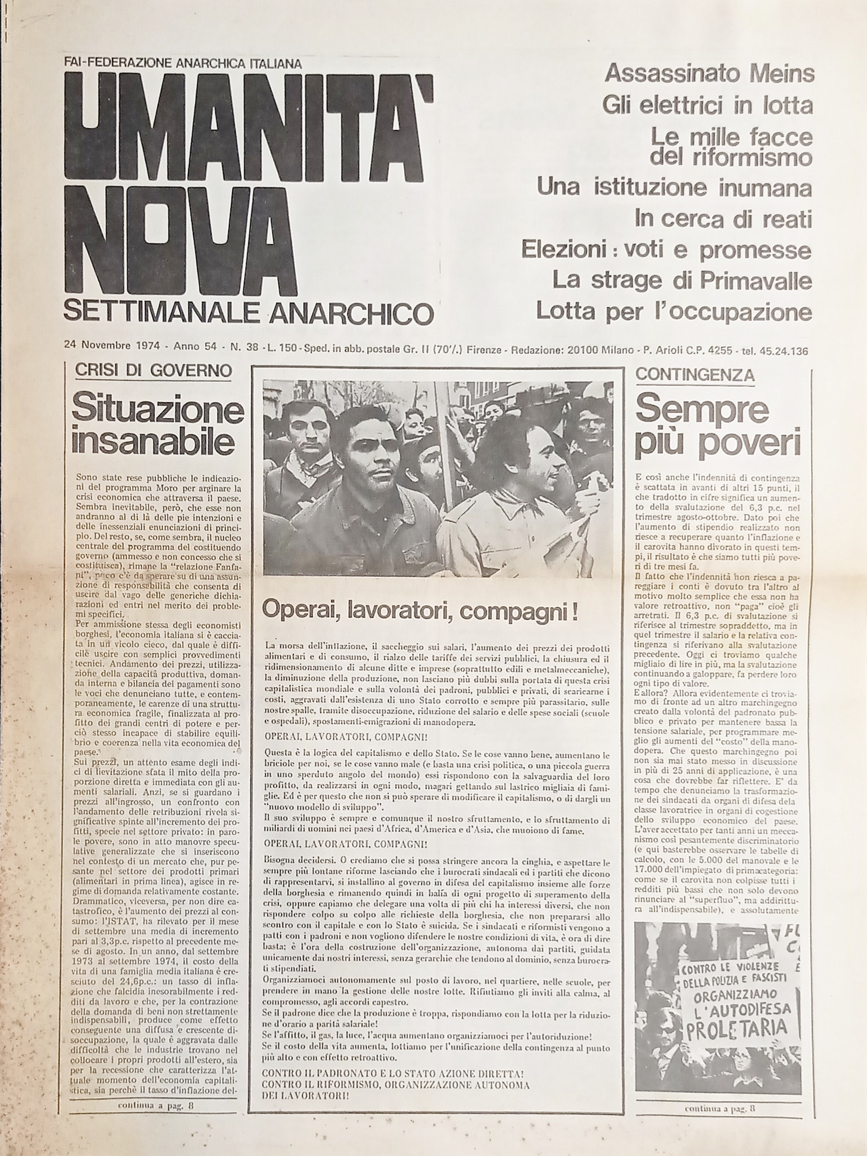 Settimanale Anarchico - Umanità Nova N. 38 - Operai Lavoratori …