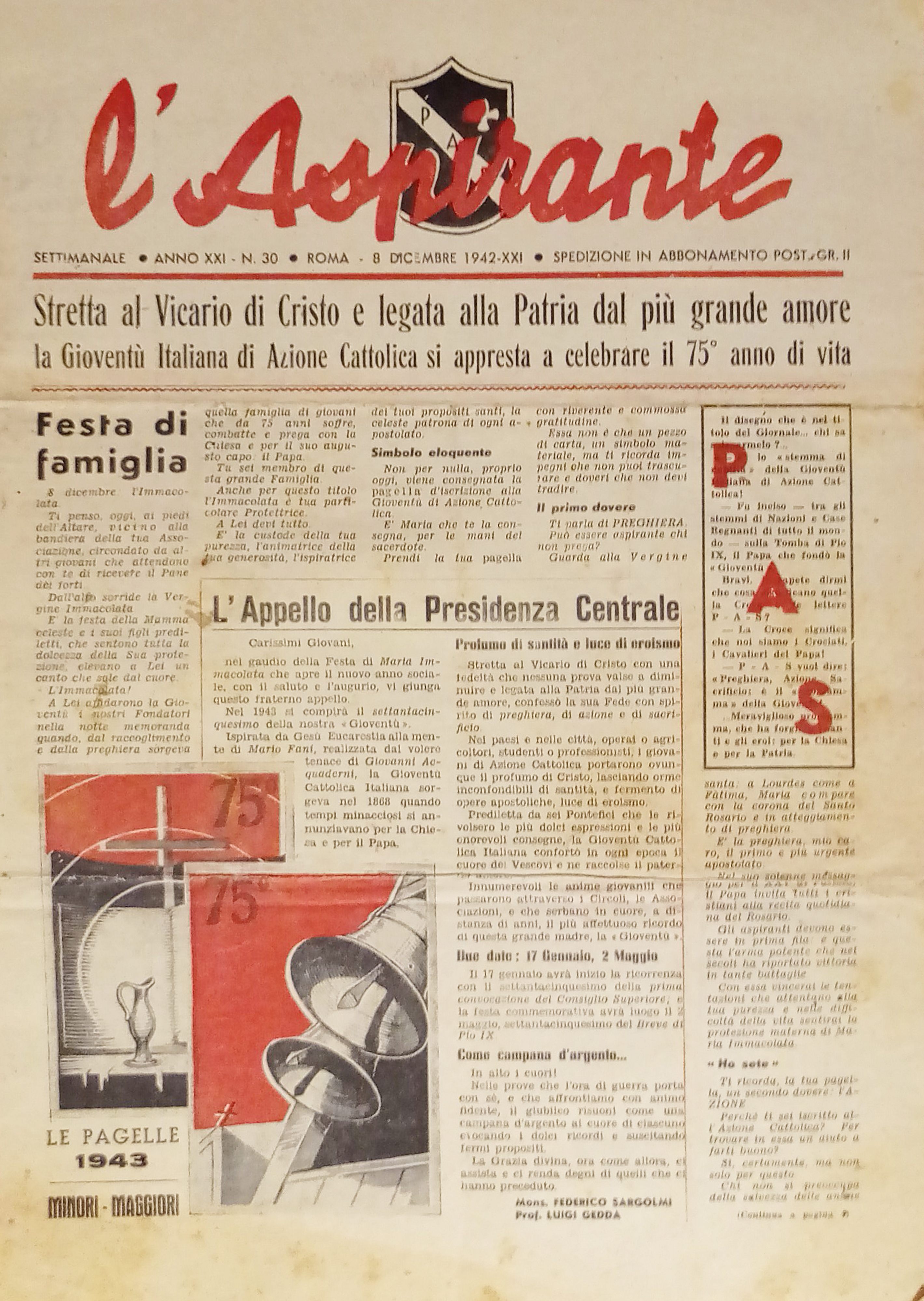 Settimanale Azione Cattolica L'Aspirante N. 30 1942 Appello Presidenza Centrale