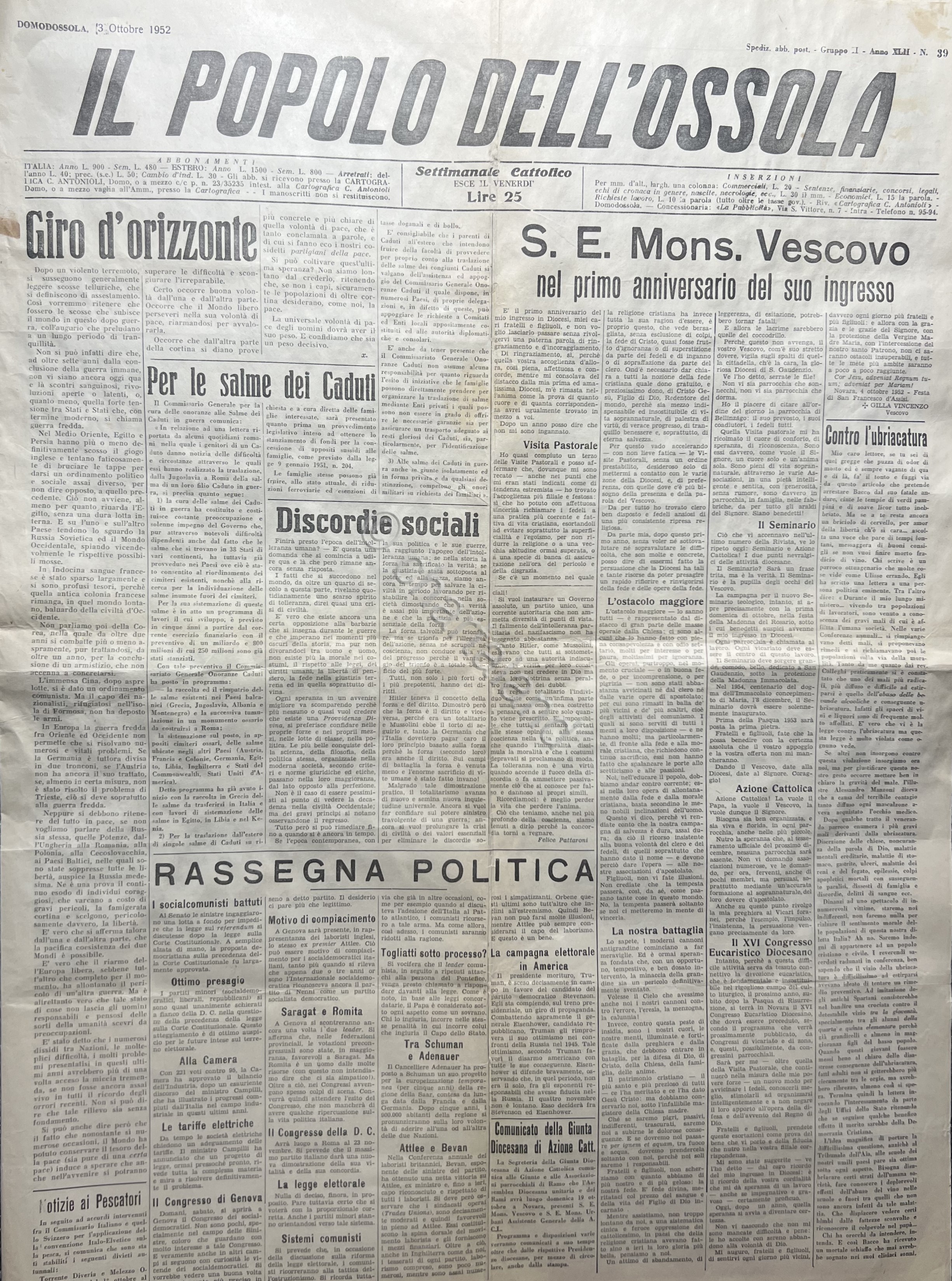 Settimanale Cattolico - Il Popolo dell'Ossola N. 39 - 1952 …