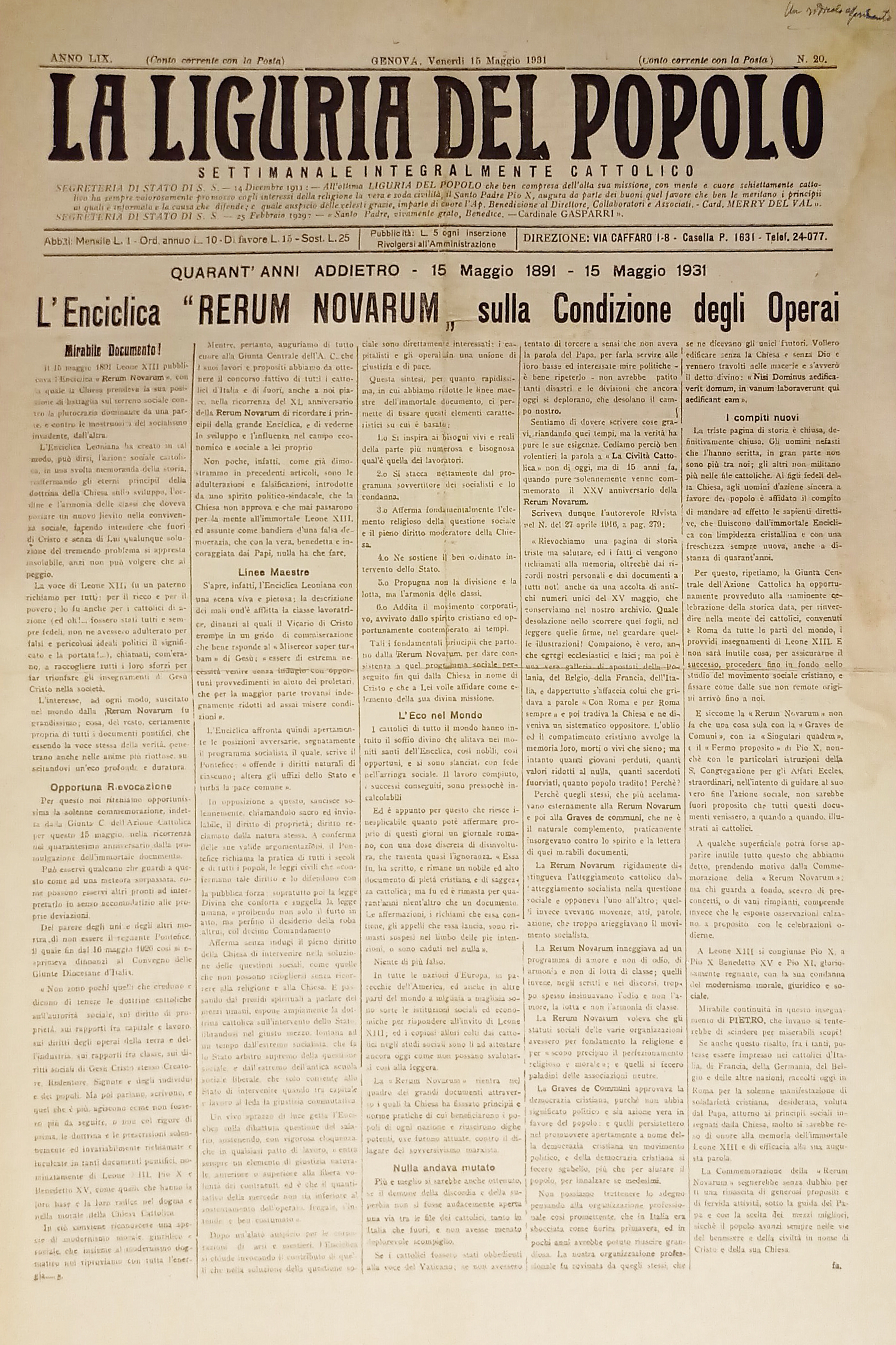 Settimanale Cattolico Politico - La Liguria del Popolo n. 20 …