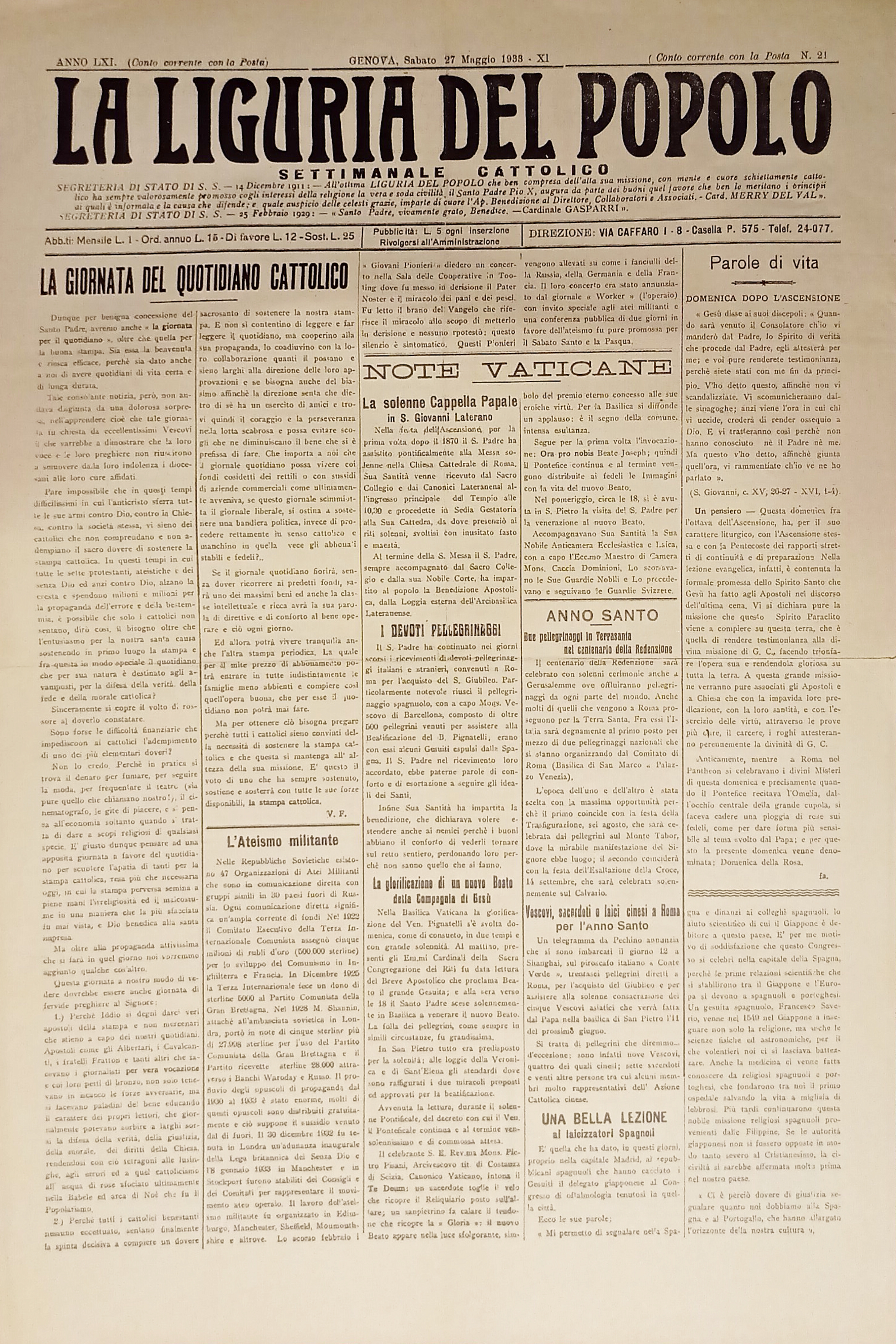 Settimanale Cattolico Politico - La Liguria del Popolo n. 21 …