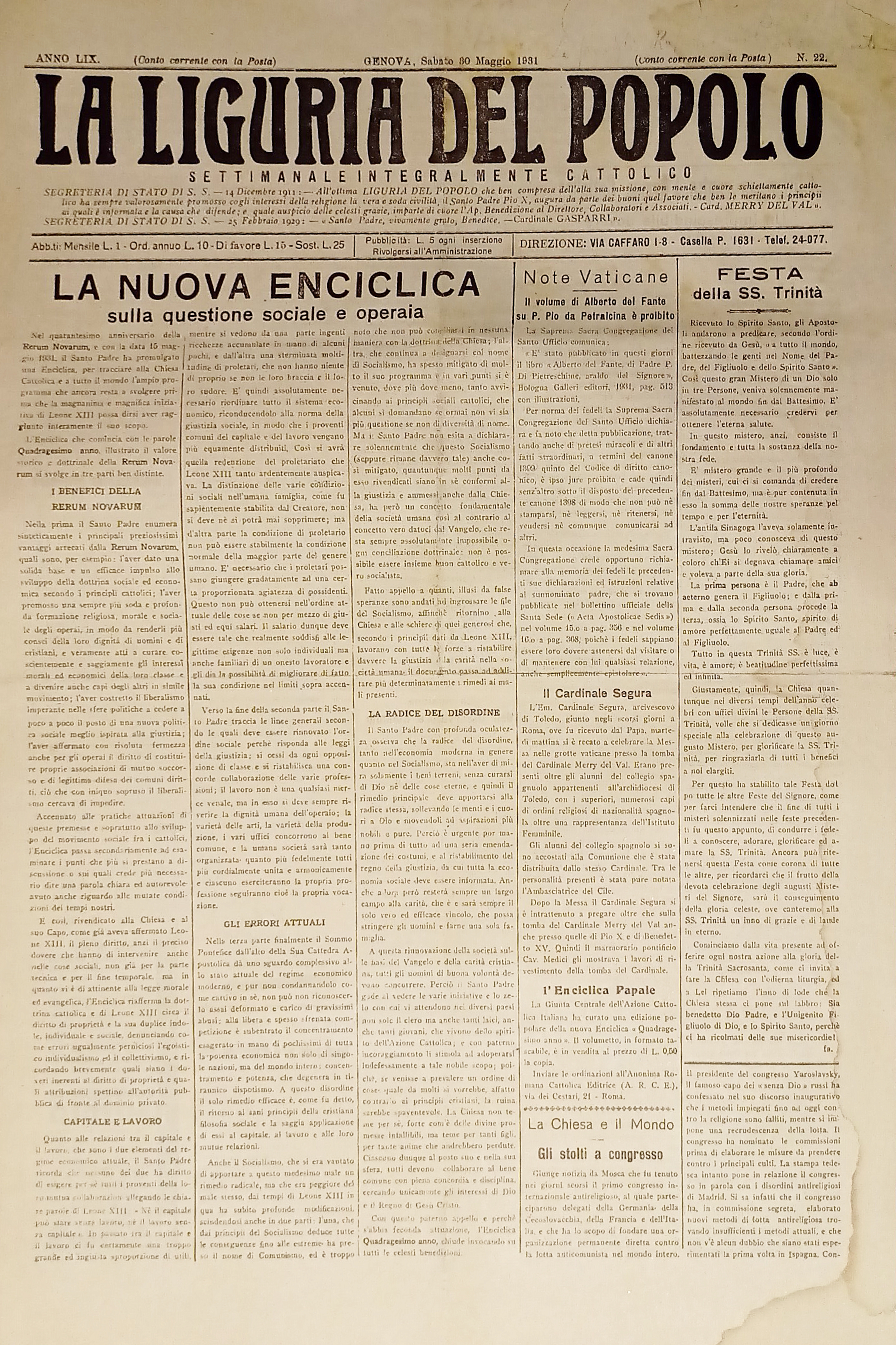 Settimanale Cattolico Politico - La Liguria del Popolo n. 22 …