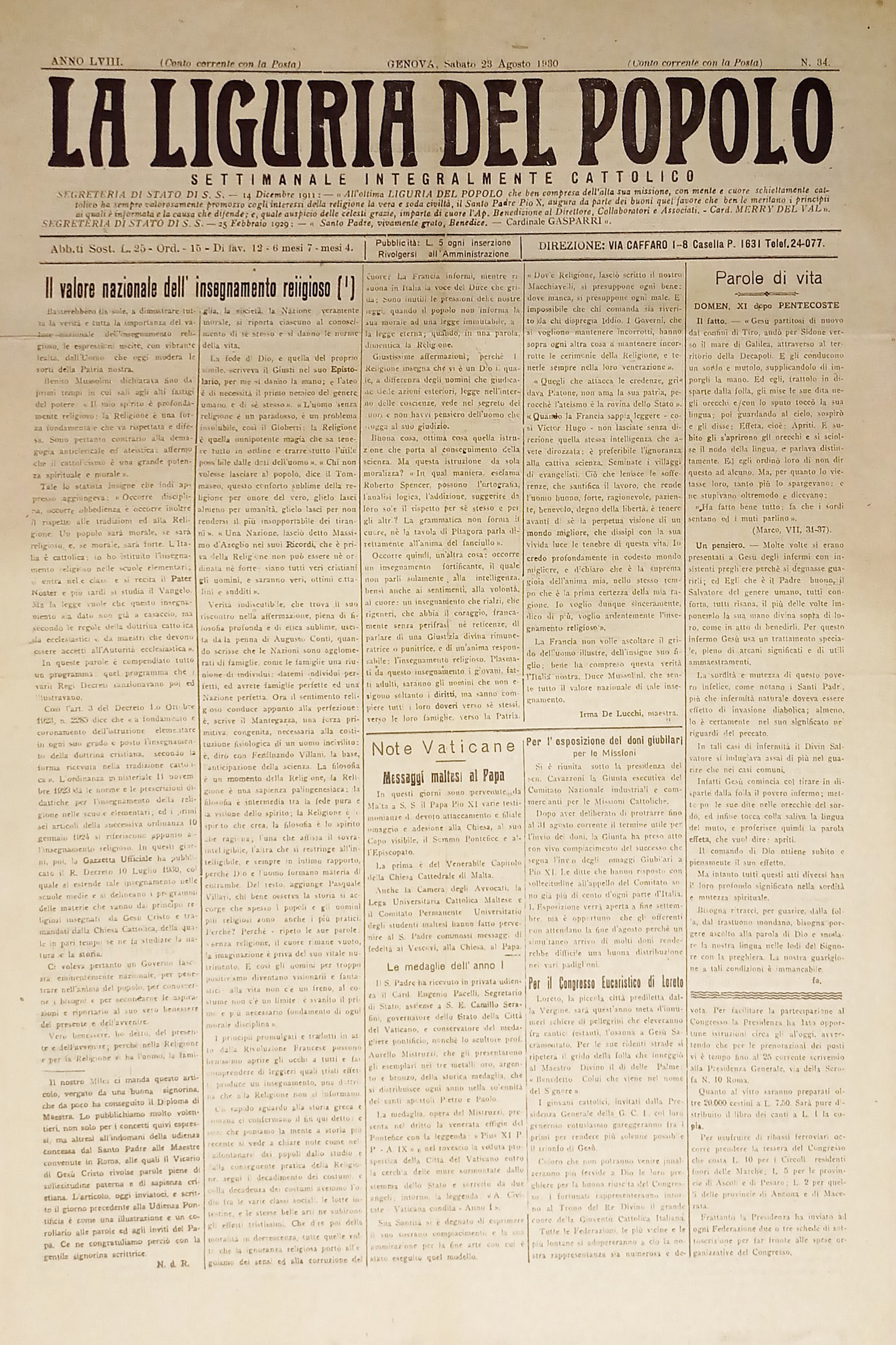 Settimanale Cattolico Politico - La Liguria del Popolo n. 34 …