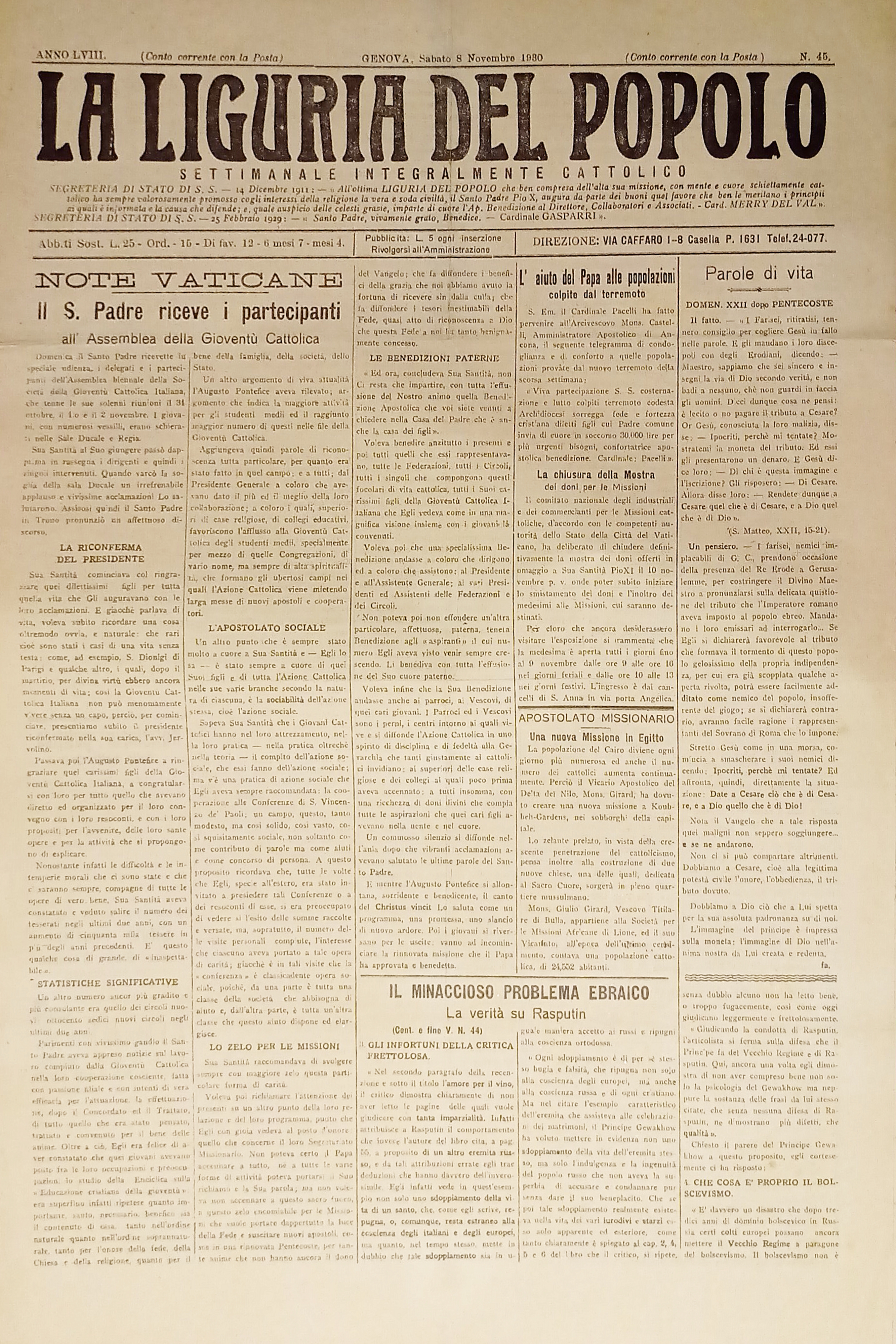 Settimanale Cattolico Politico - La Liguria del Popolo n. 45 …