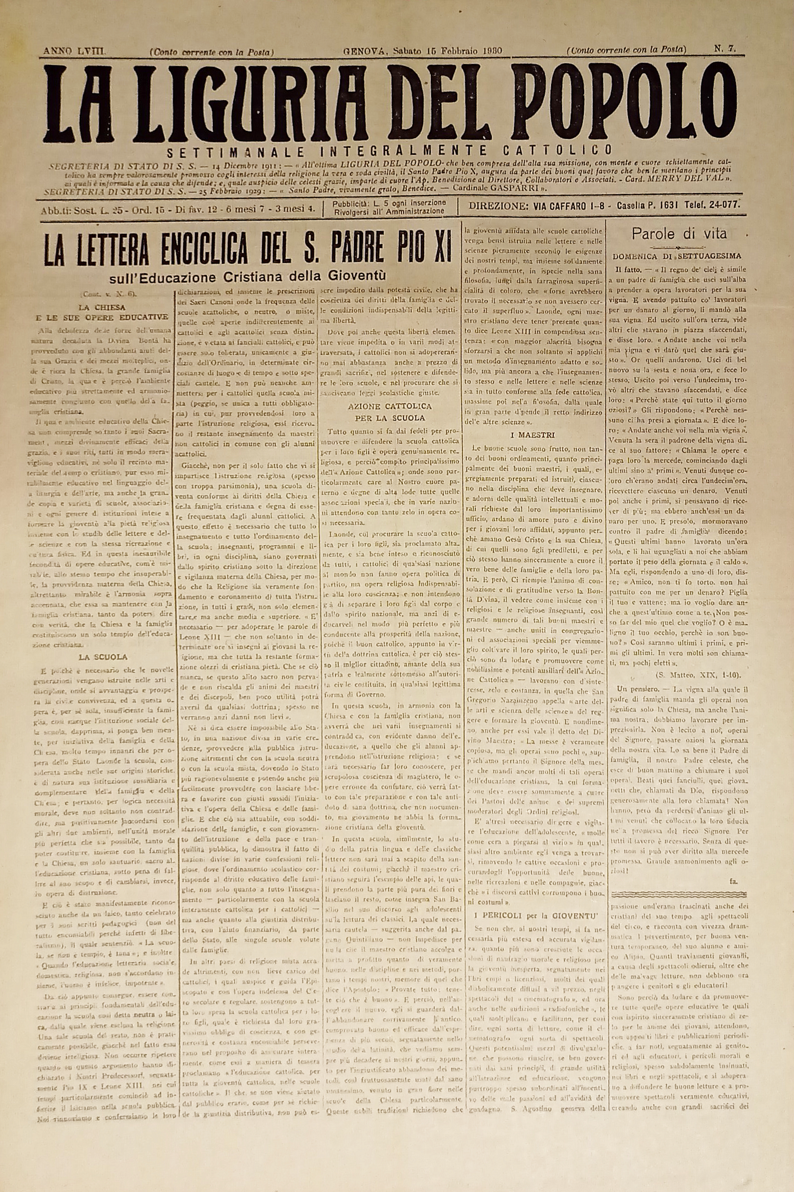 Settimanale Cattolico Politico - La Liguria del Popolo n. 7 …