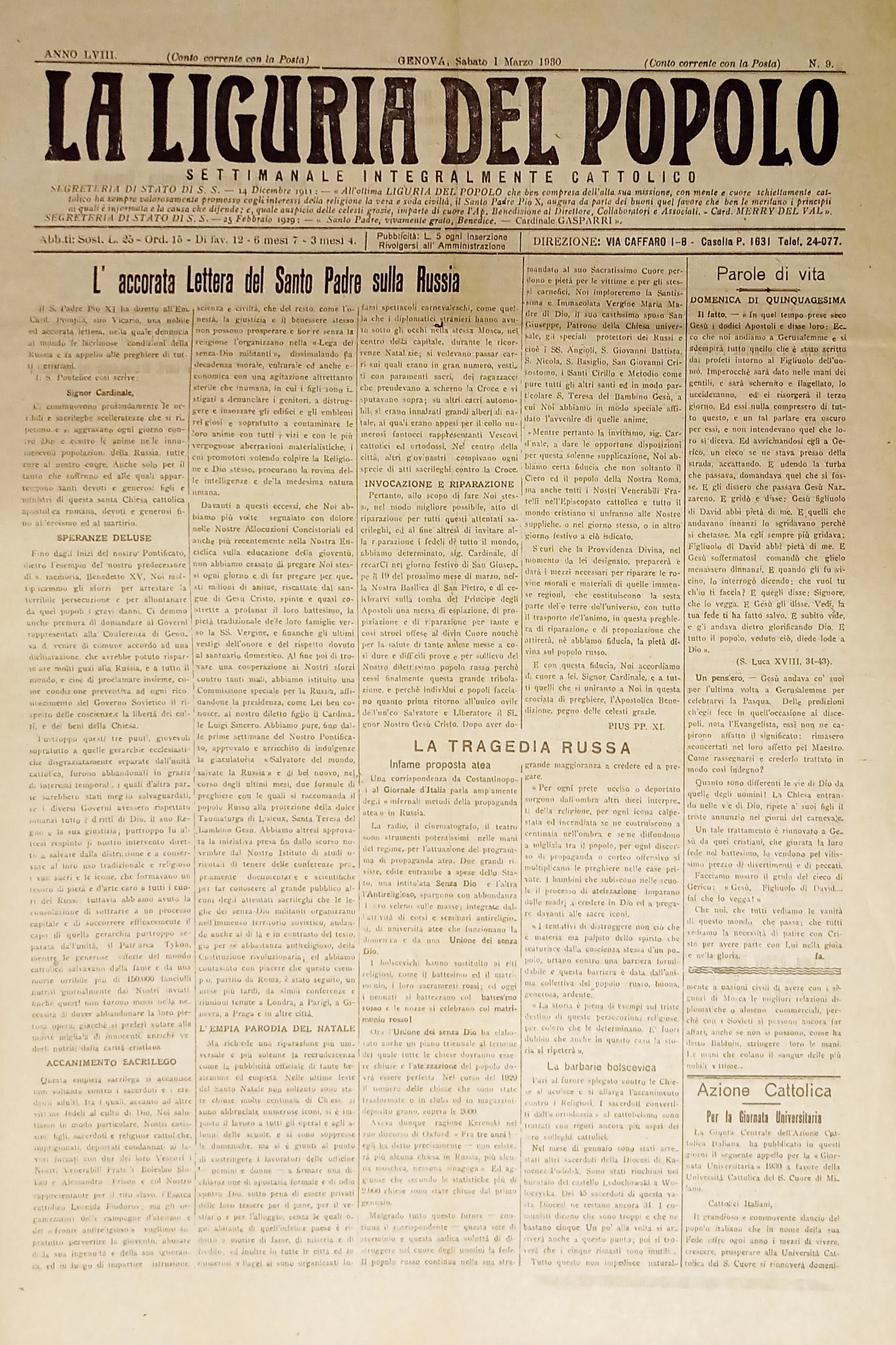 Settimanale Cattolico Politico - La Liguria del Popolo n. 9 …