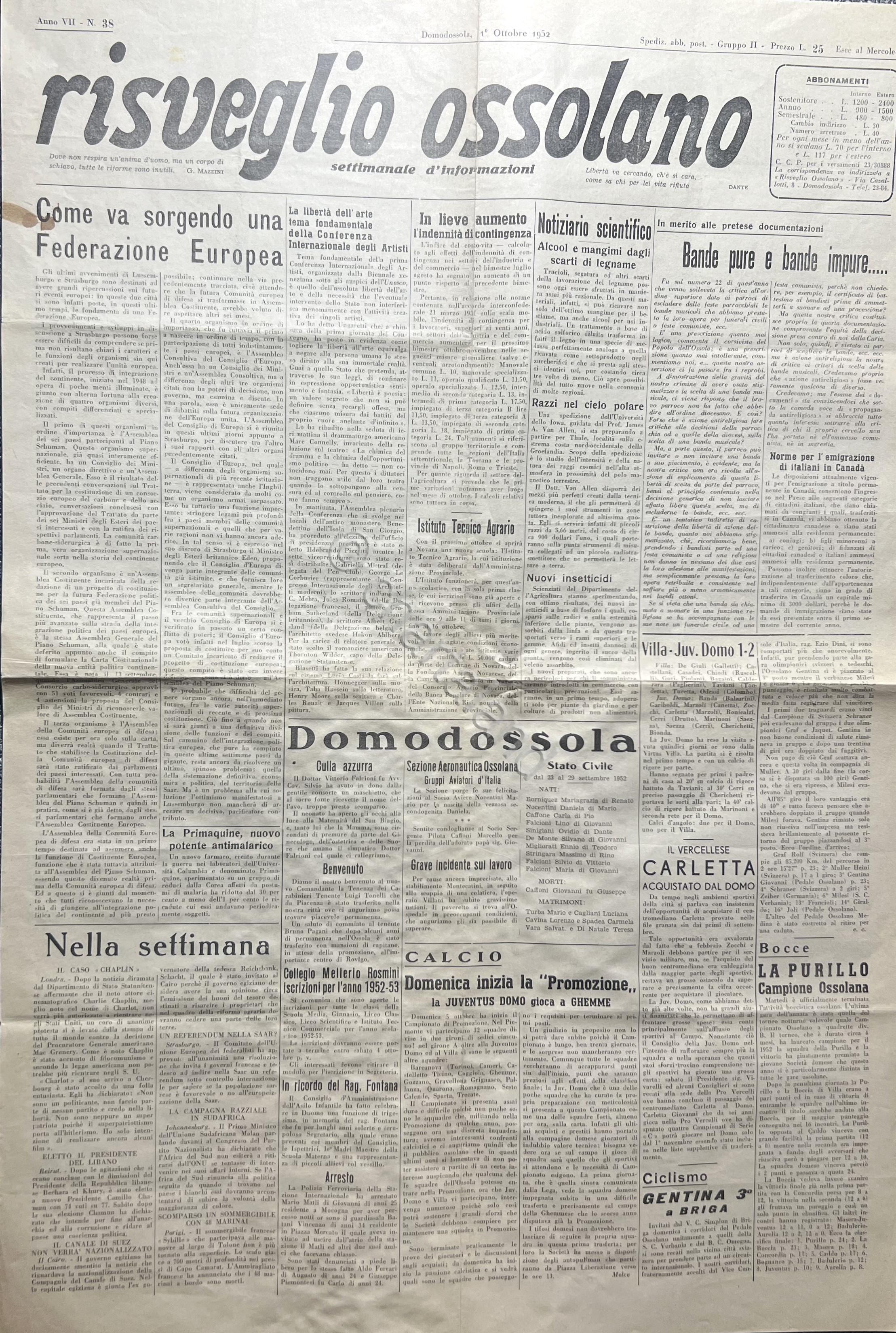 Settimanale d'Informazioni - Risveglio Ossolano N. 38 - 1952