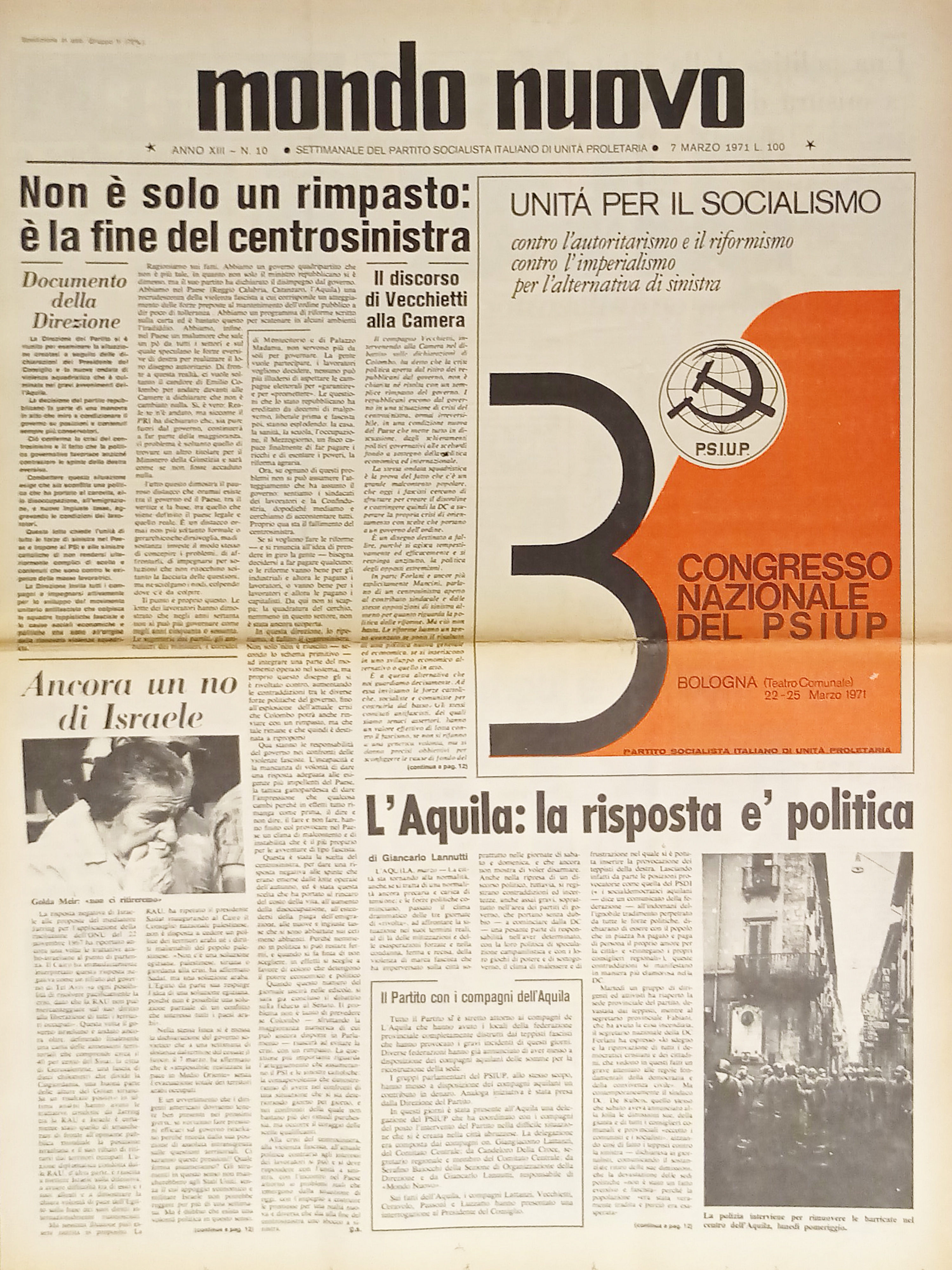 Settimanale del P.S.I.U.P. - Mondo Nuovo n. 10 - 1971 …