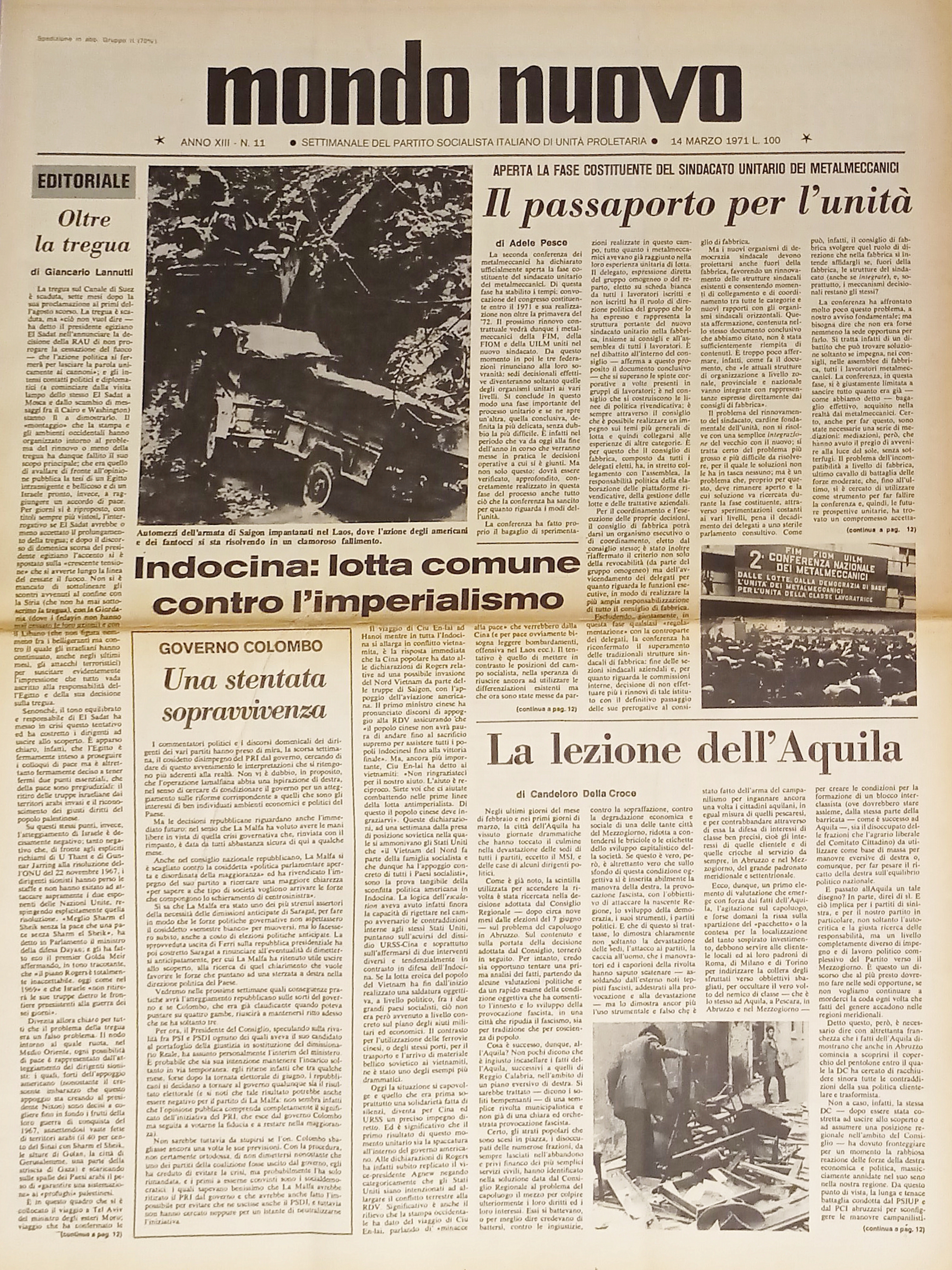 Settimanale del P.S.I.U.P. - Mondo Nuovo n. 11 - 1971 …