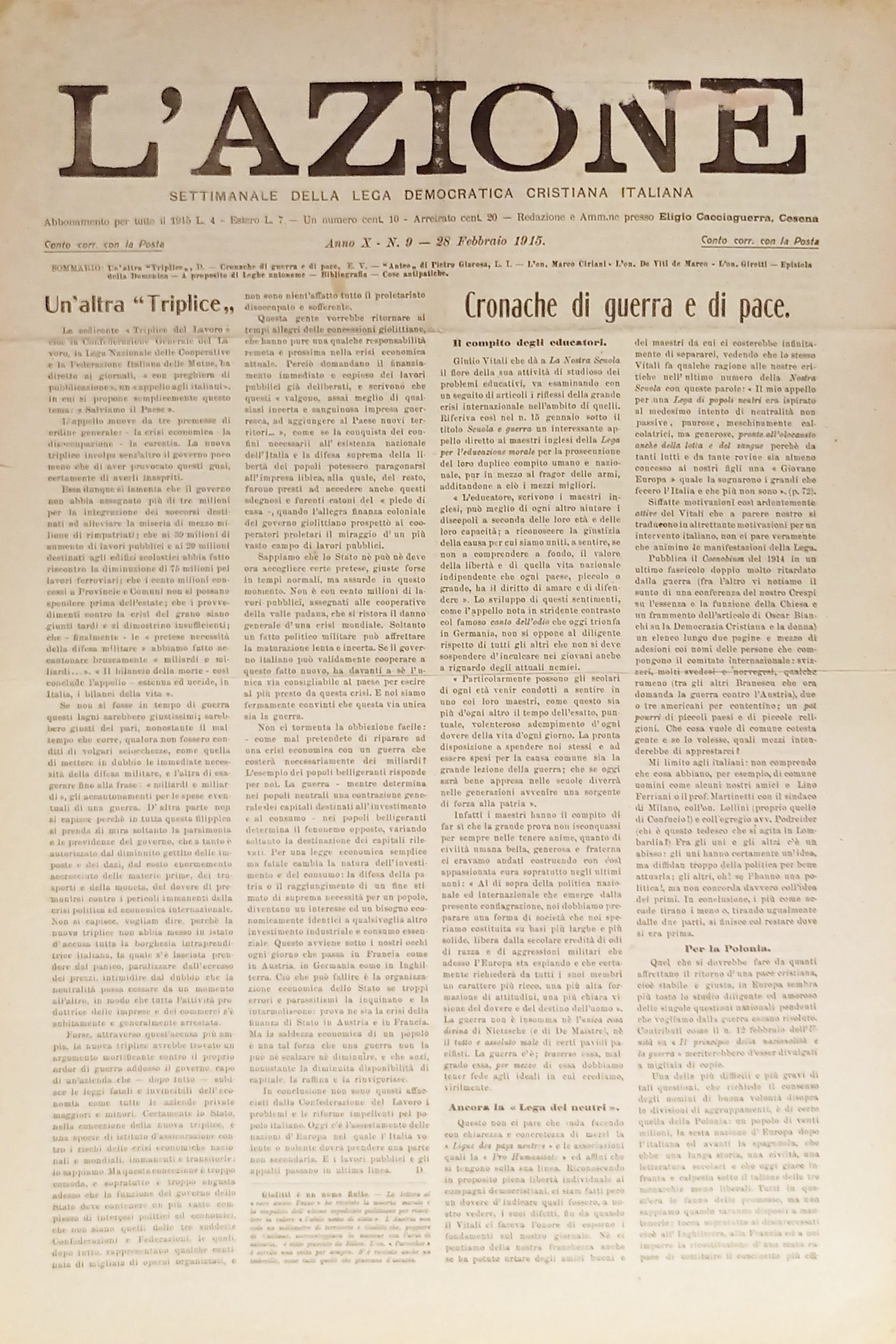 Settimanale della Lega Democratica Cristiana - L'Azione N. 9 - …