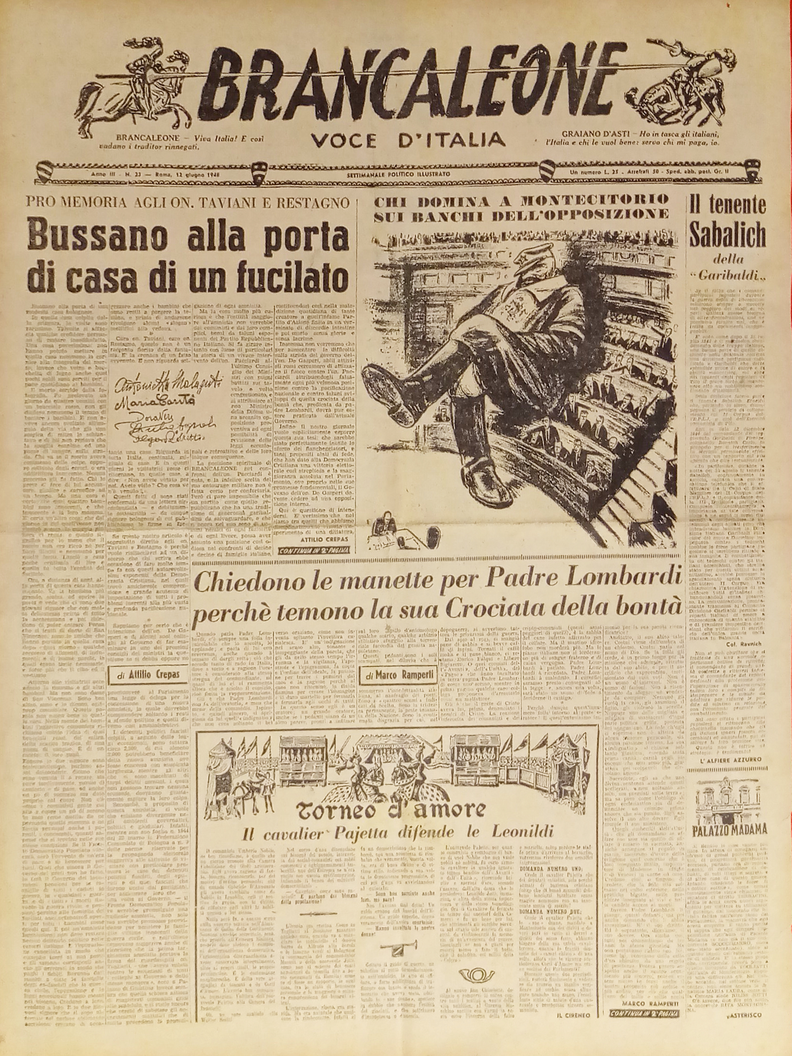 Settimanale Politico - Brancaleone N. 23 - 1948 Il Tenente …