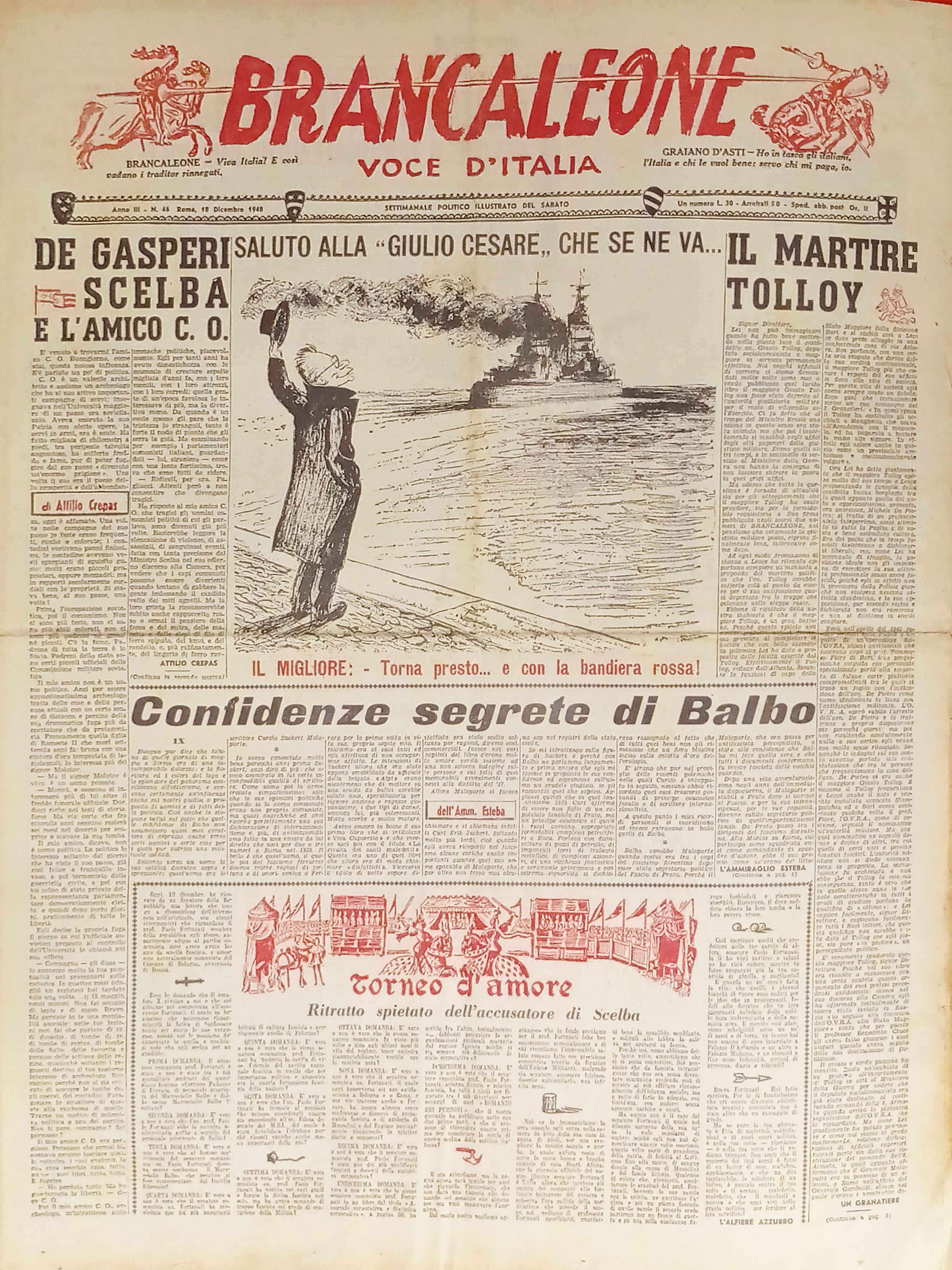 Settimanale Politico - Brancaleone N. 46 - 1948 De Gasperi …