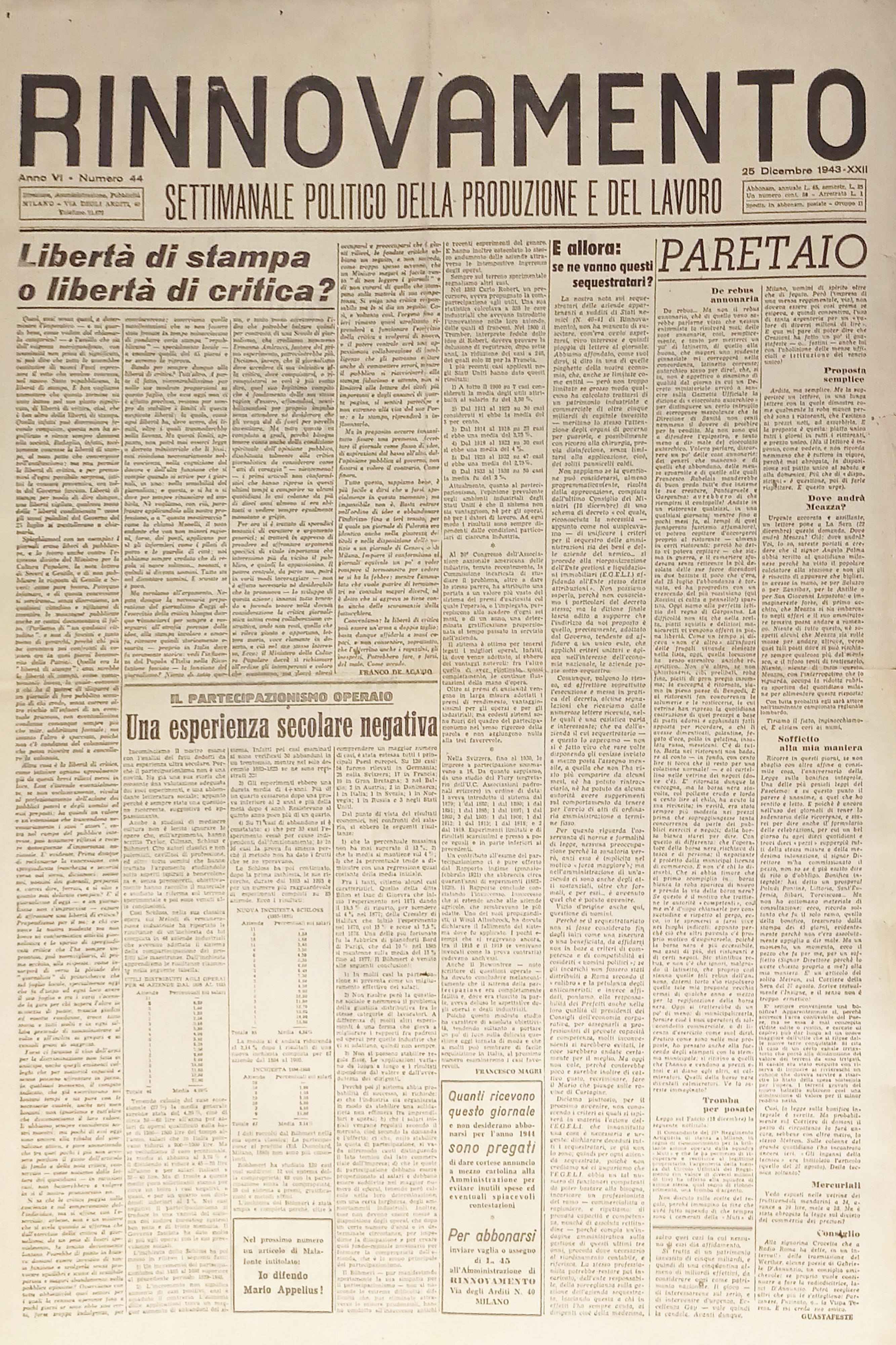 Settimanale Politico - Rinnovamento N. 44 - 1943 Liberta di …