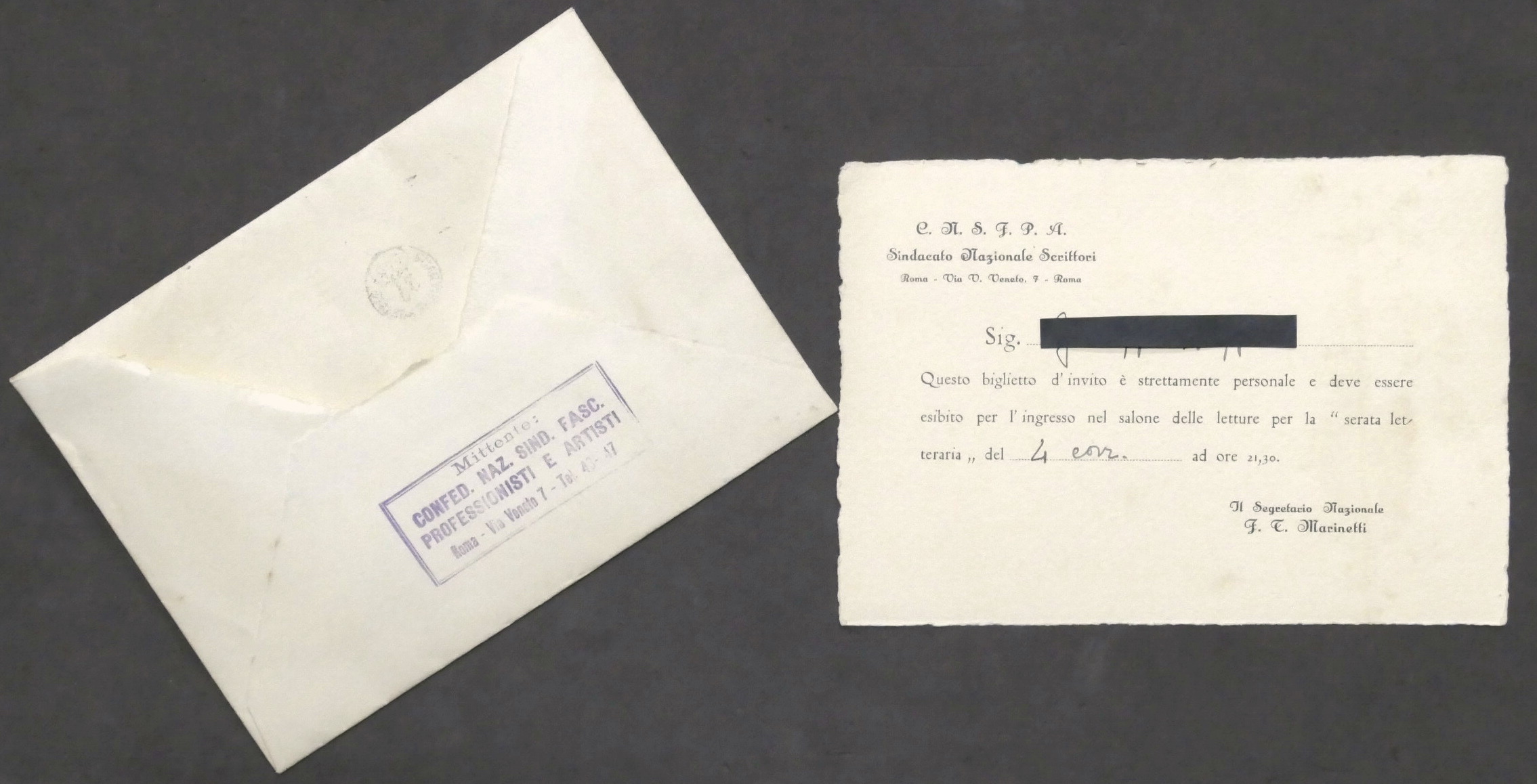 Sindacato Nazionale Scrittori (Segretario Marinetti) - Biglietto invito - 1930