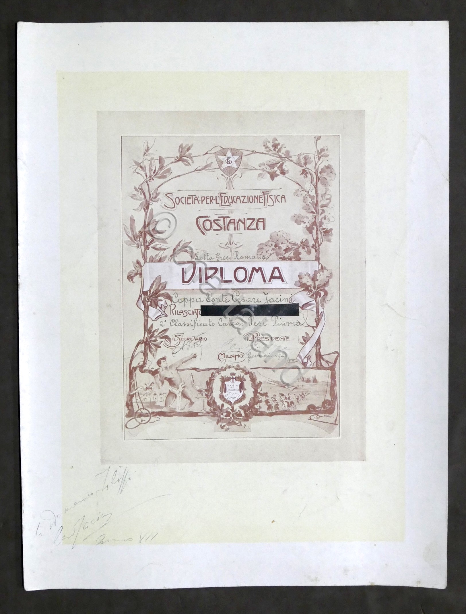 Soc. Educazione Fisica Costanza Milano - Diploma Lotta Greco Romana …