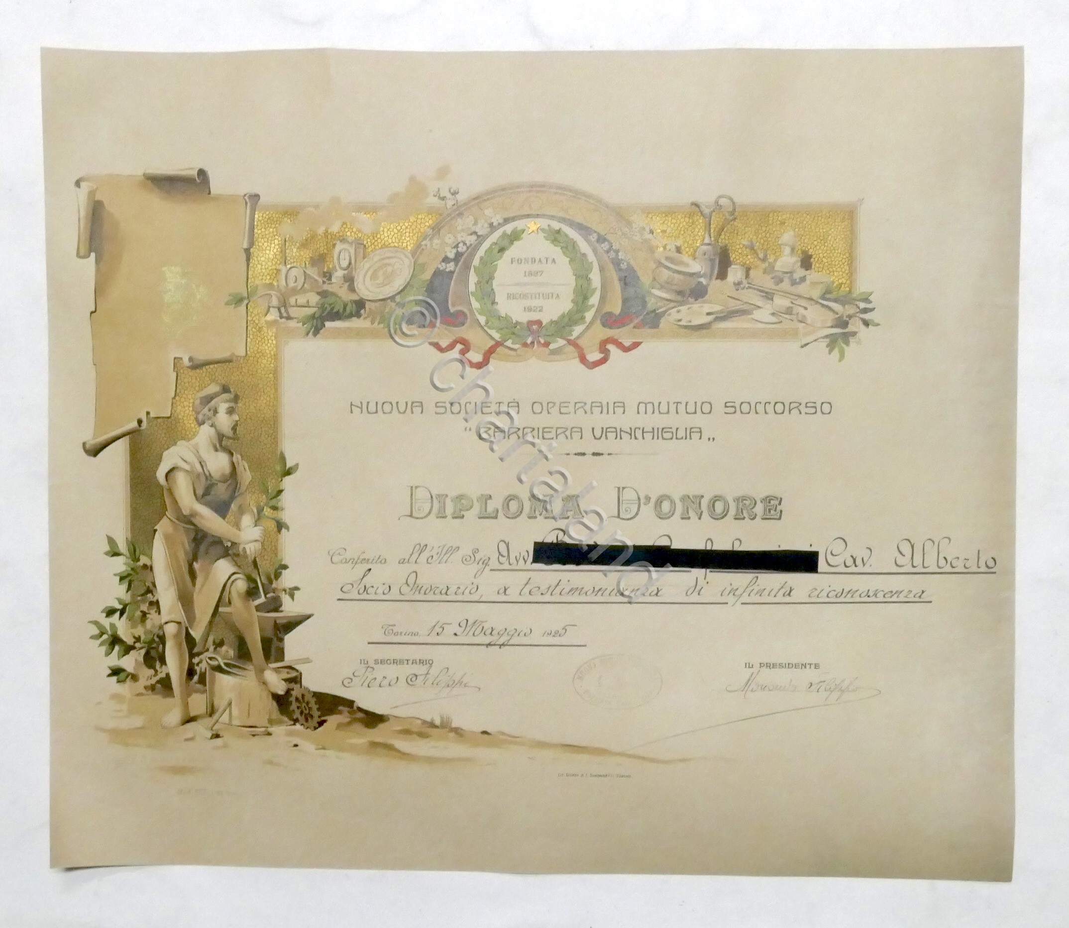 Soc. Operaia Mutuo Soccorso Barriera Vanchiglia - Diploma d'Onore - …