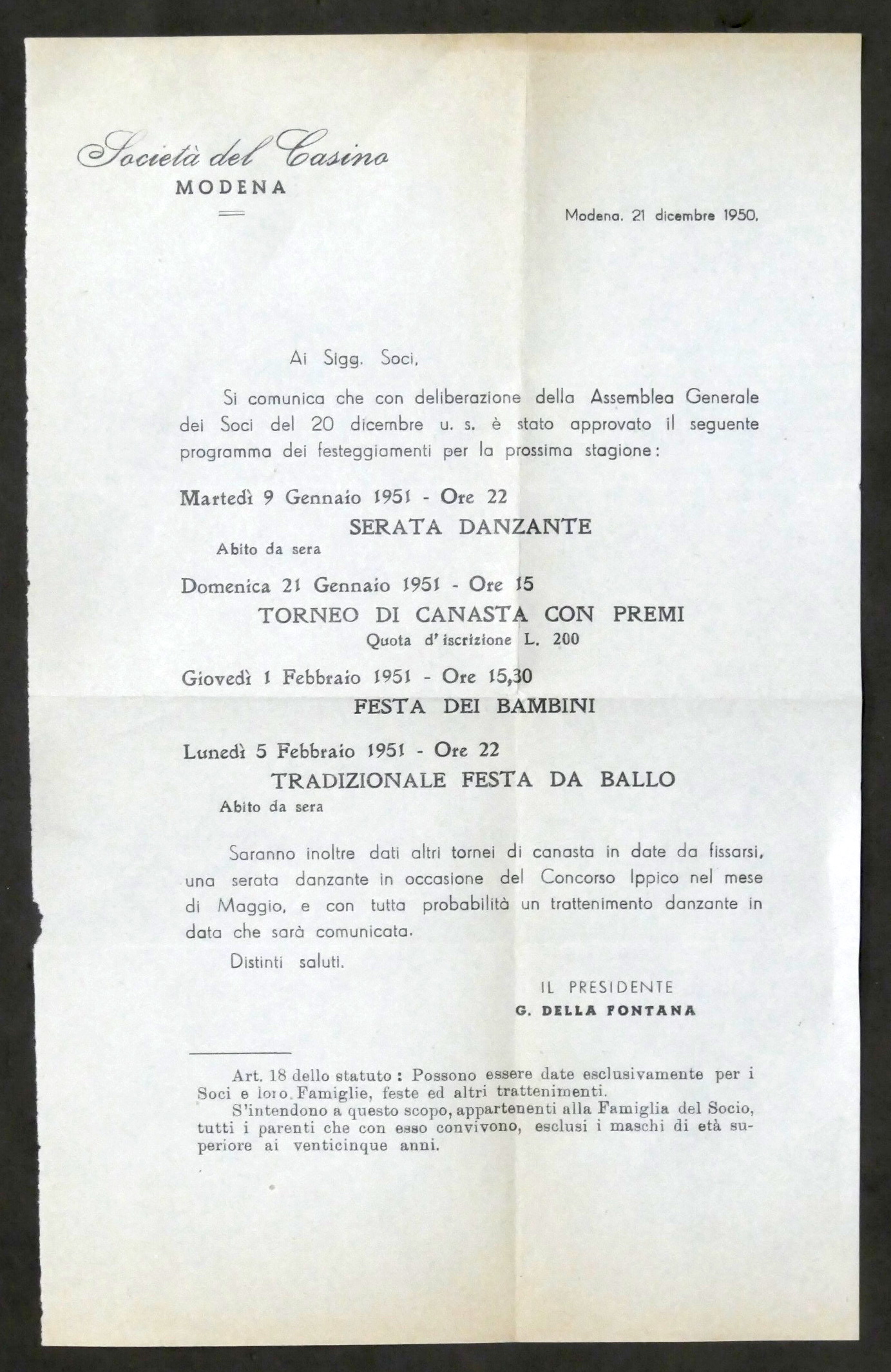 Società del Casinò Modena - Programma festeggiamenti - Gennaio Febbraio …