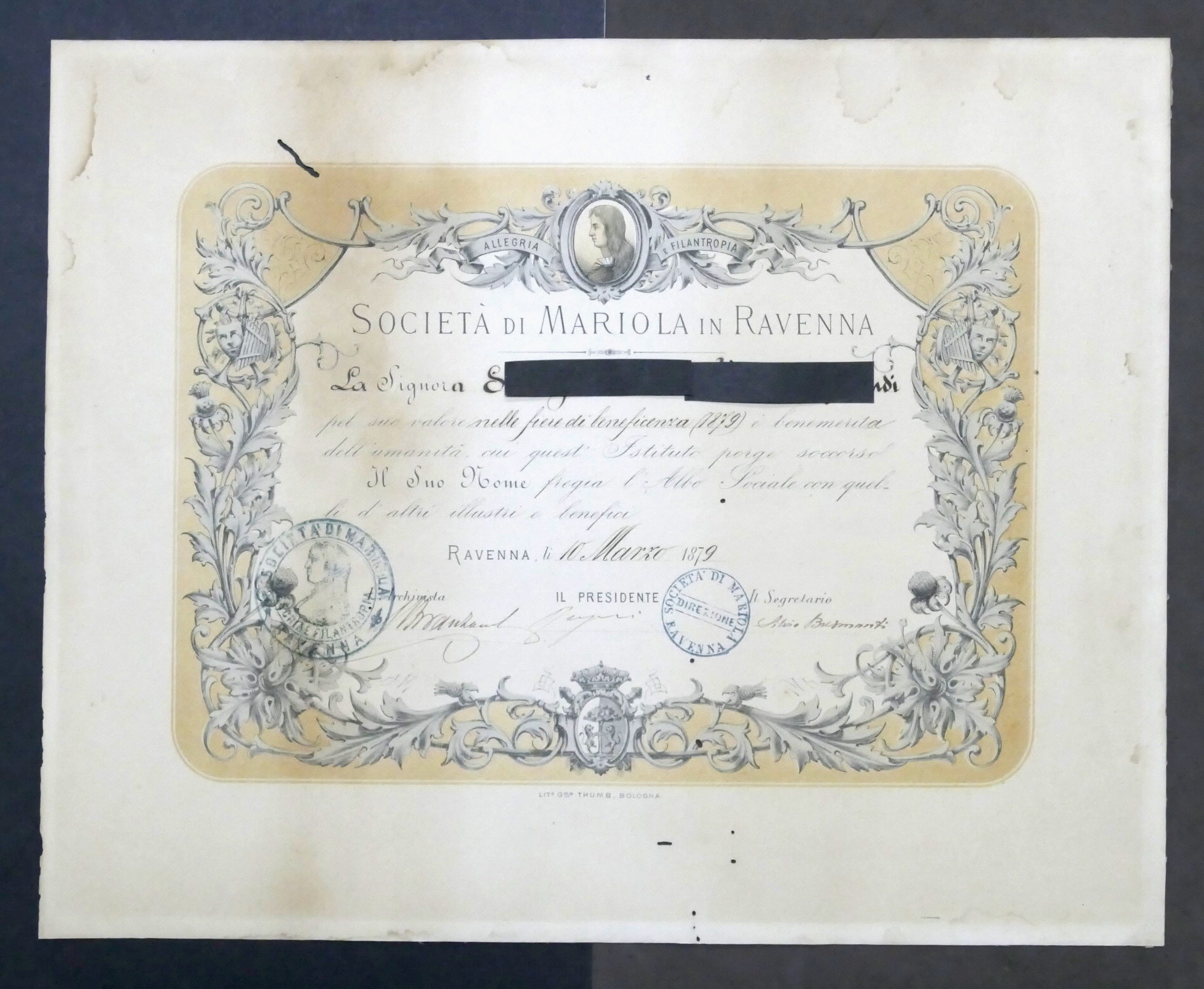 Società di Mariola - Ravenna - Diploma di Benemerenza - …