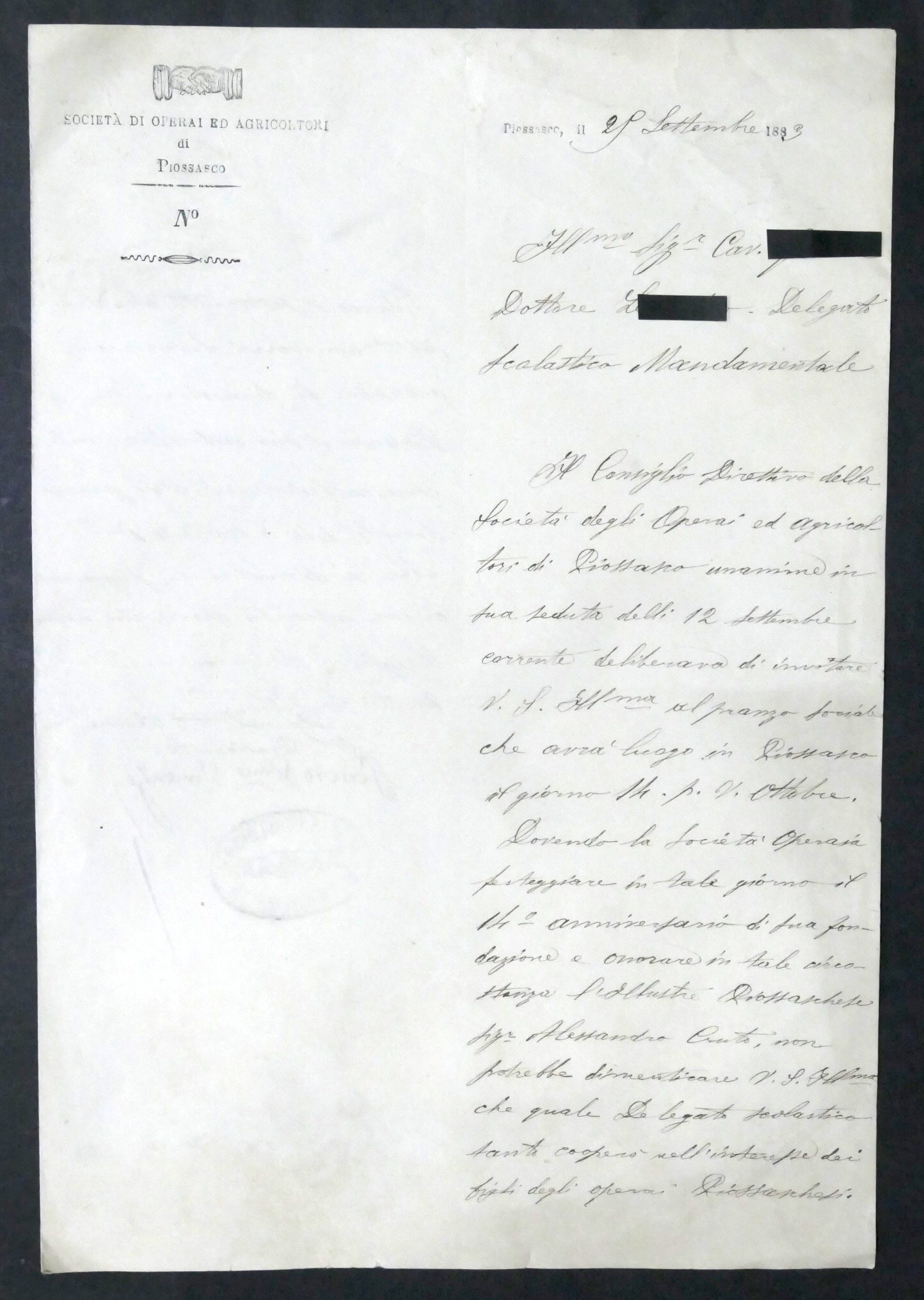 Società di Operai ed Agricoltori di Piossasco - Lettera pranzo …