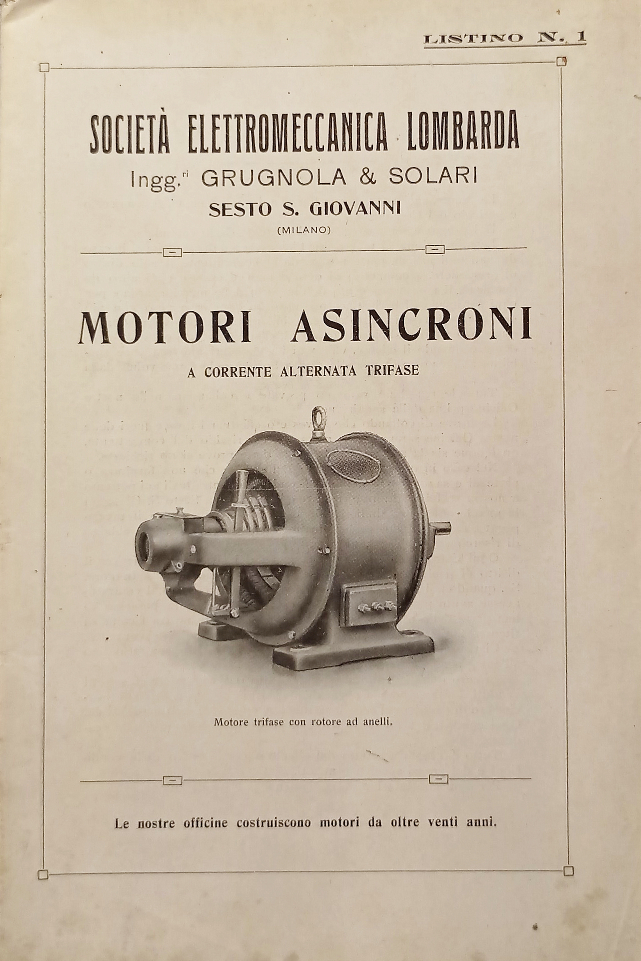 Società Elettromeccanica - Listino N. 1 Motori Asincroni - Anno …