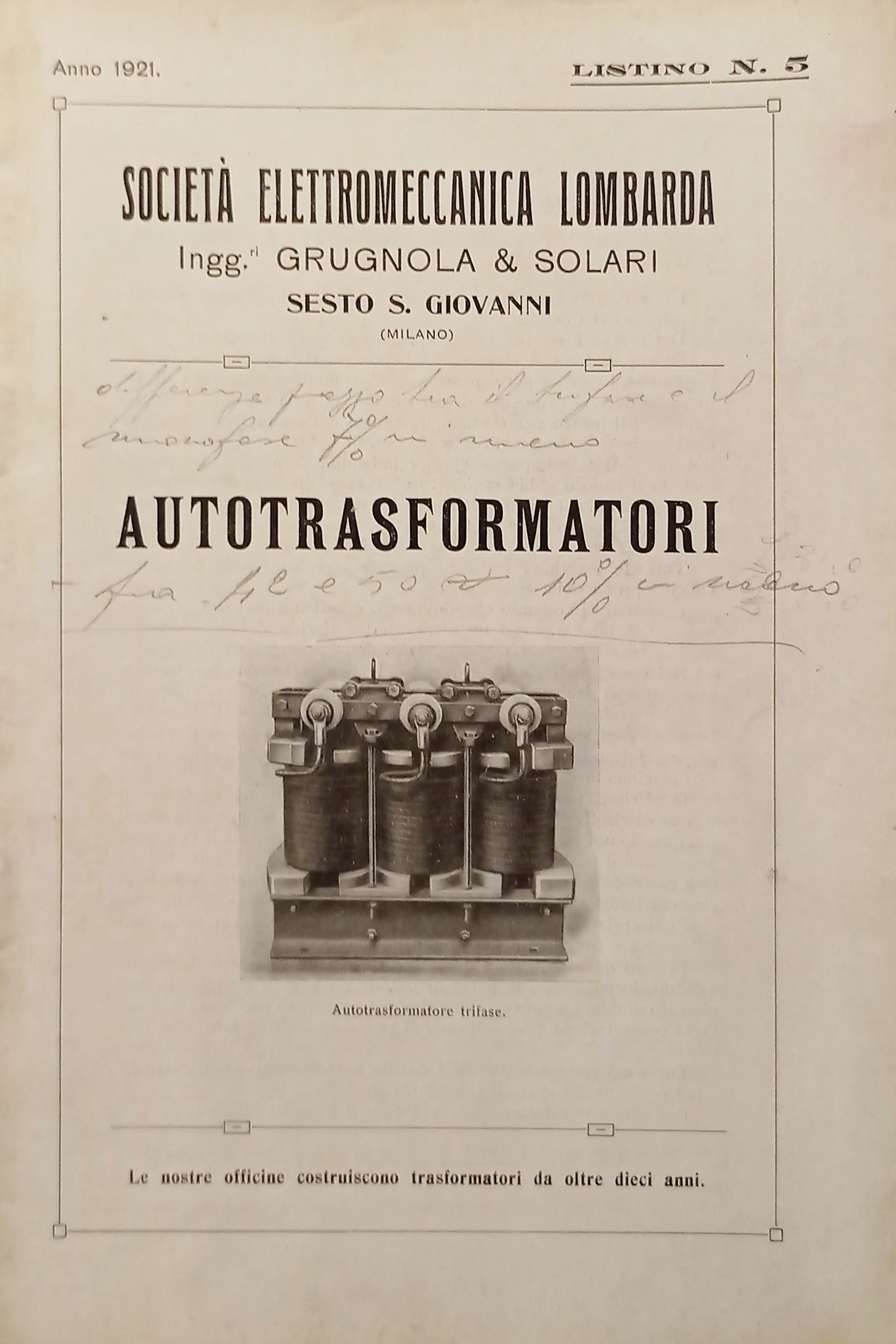 Società Elettromeccanica - Listino N. 5 - Autotrasformatori - Anno …