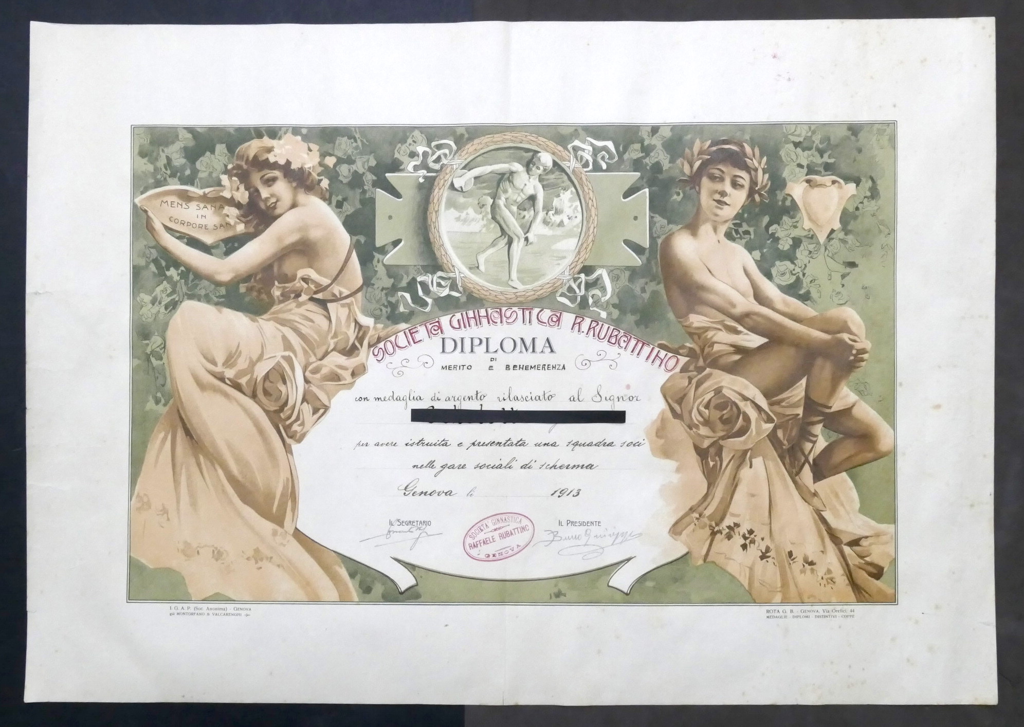 Società Ginnastica R. Rubattino - Genova - Diploma di Benemerenza …