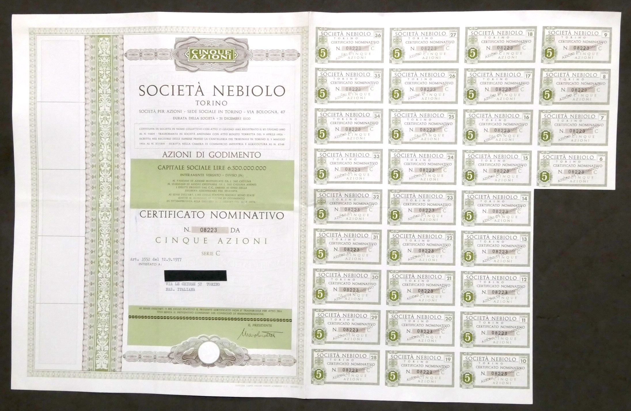 Società Nebiolo - Torino - Certificato azionario - Cinque azioni …