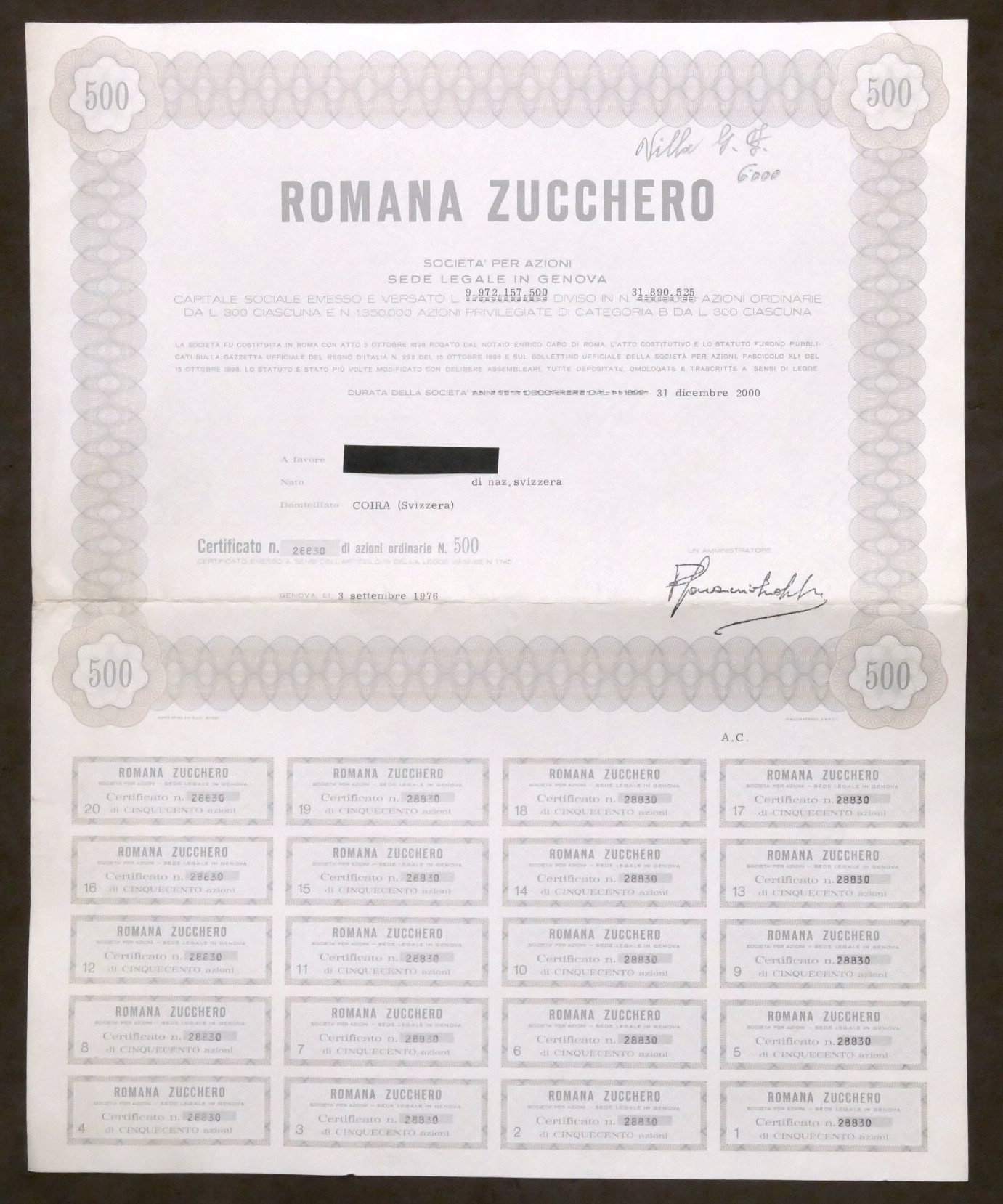 Società Romana Zucchero - Certificato azionario - 500 azioni - …