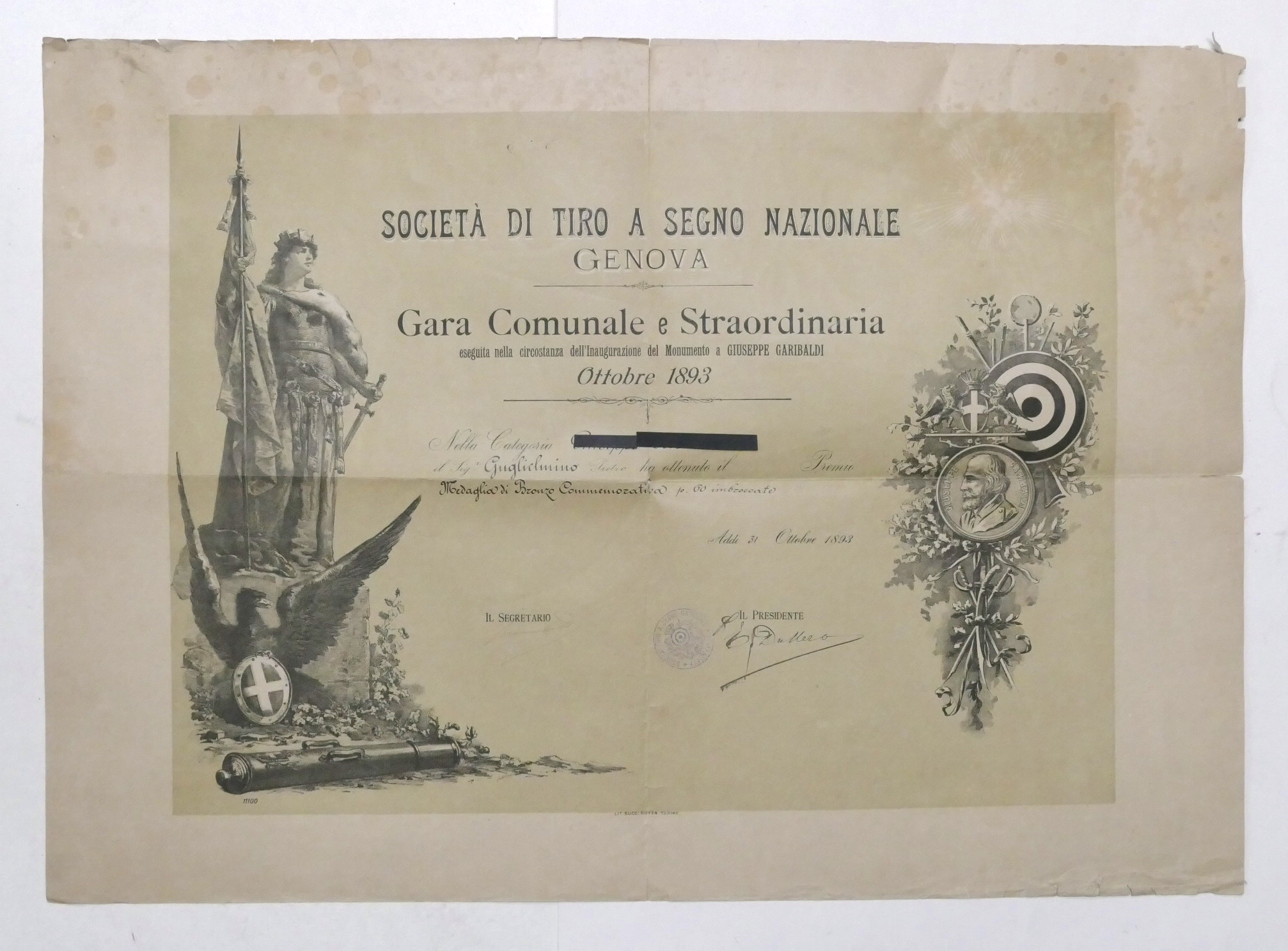 Società Tiro a Segno Nazionale - Genova - Certificato Medaglia …