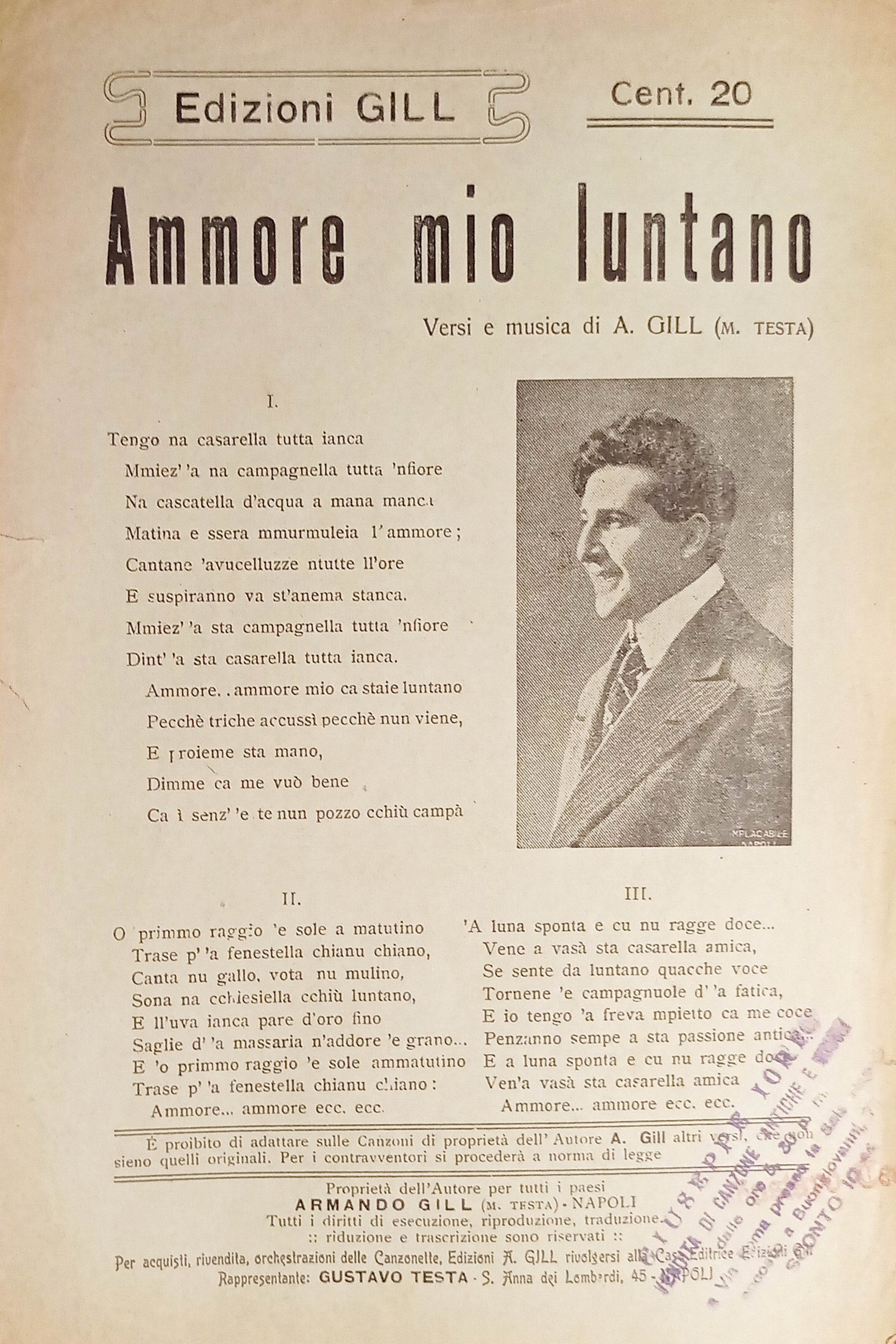 Spartiti - Ammore mio luntano - Versi e Musica di …