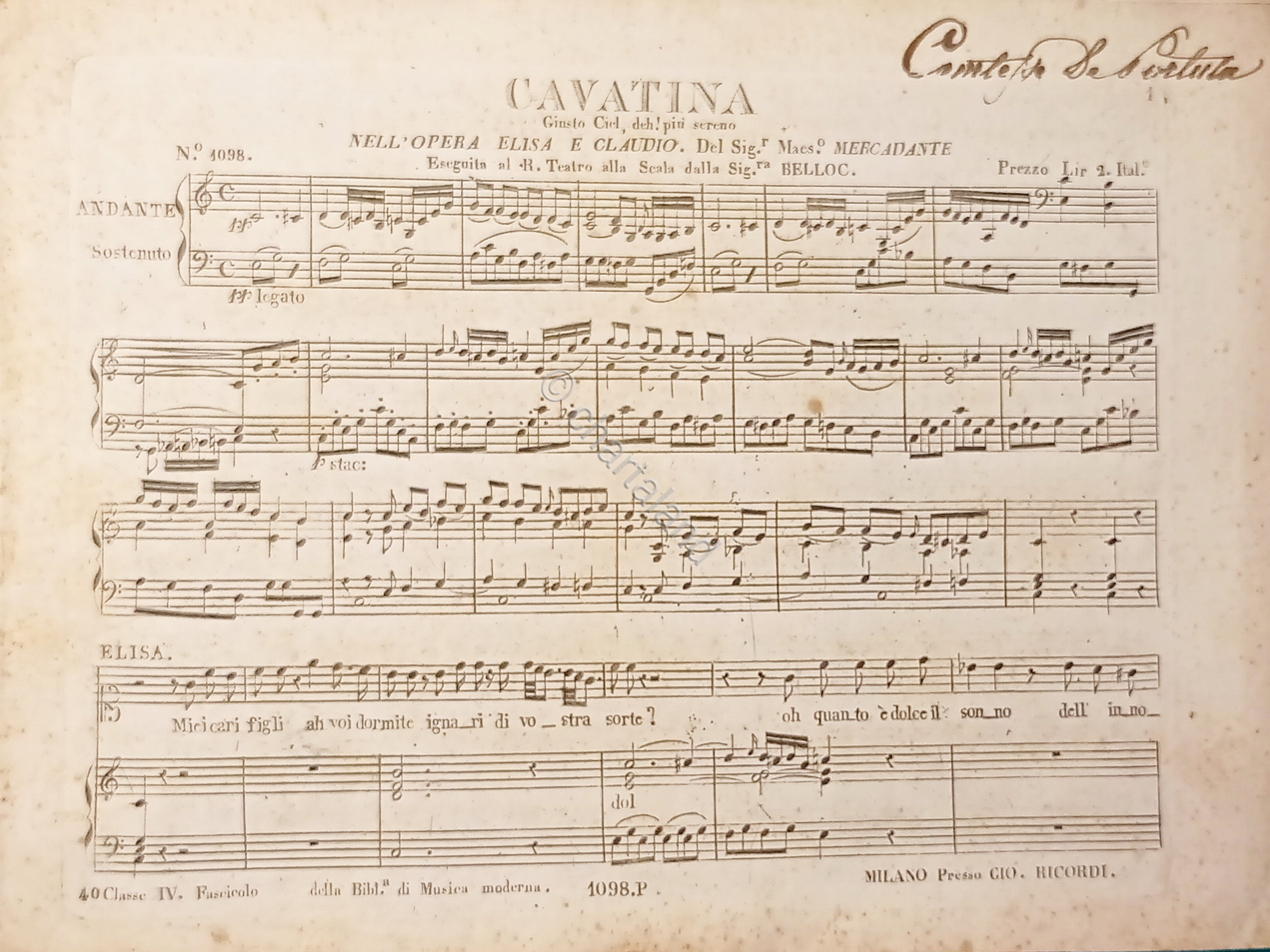 Spartiti - Cavatina dell'Opera Elisa e Claudio per Piano di …