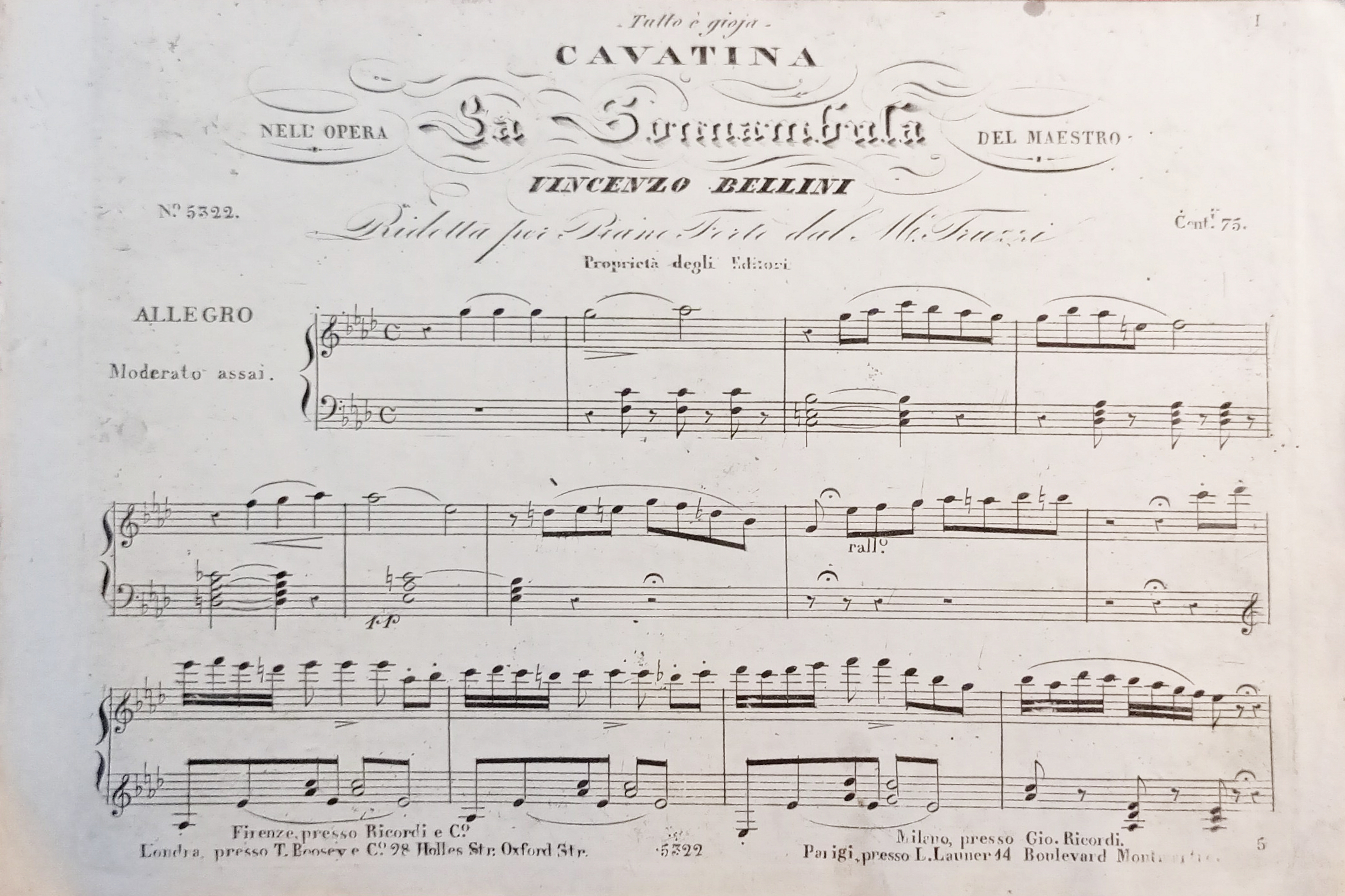 Spartiti - Cavatina nell'Opera La Sonnambula di V. Bellini per …