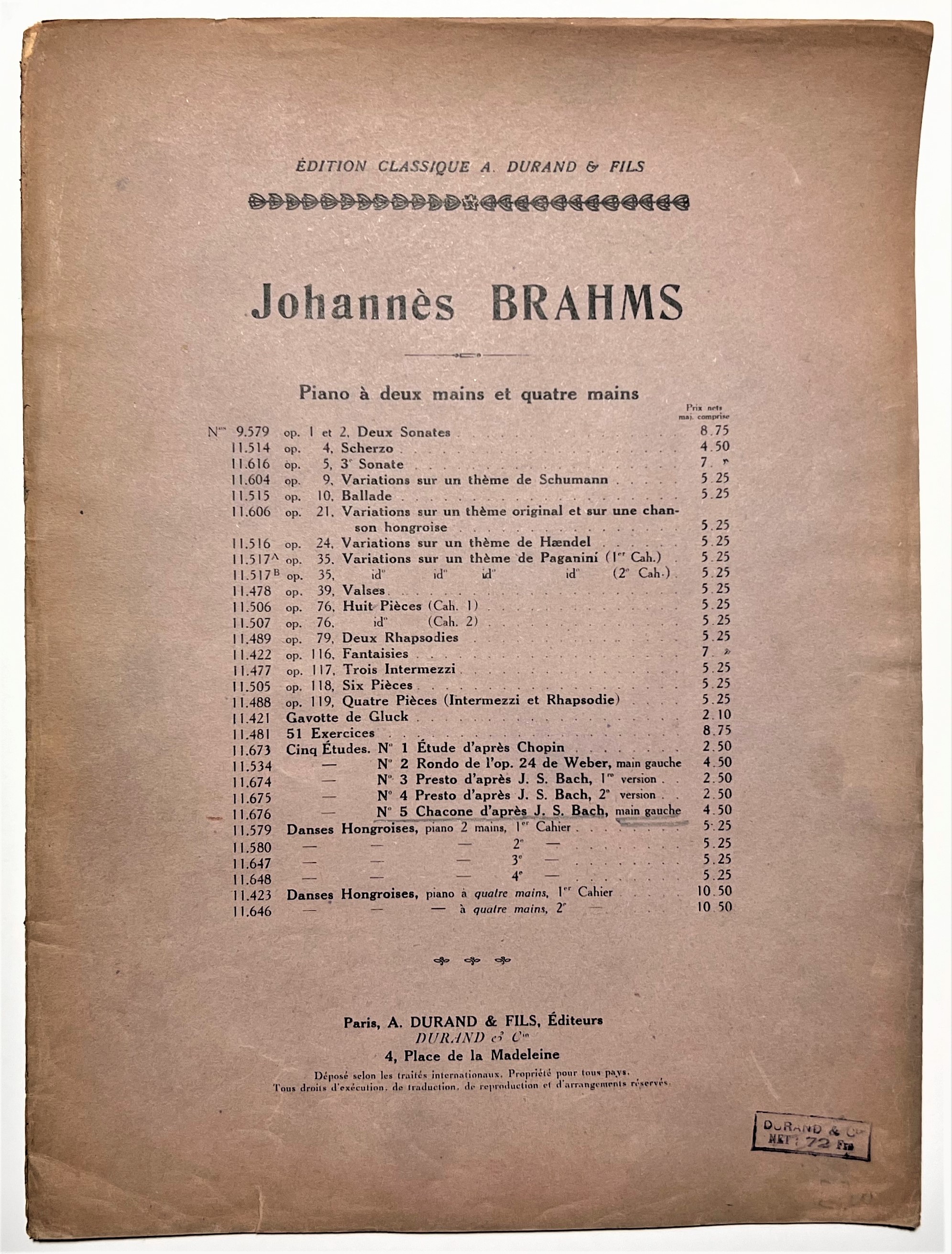 Spartiti - Chaconne d'après J. S. Bach di Johannès Brahms …