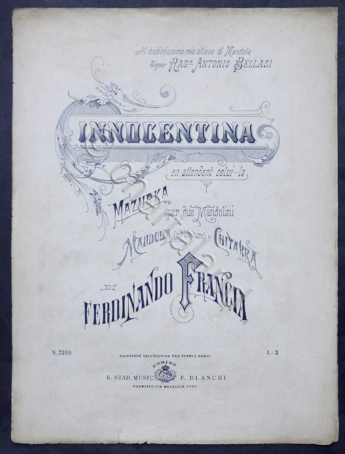 Spartiti - F. Francia - Innocentina - Mazurka per mandolino …