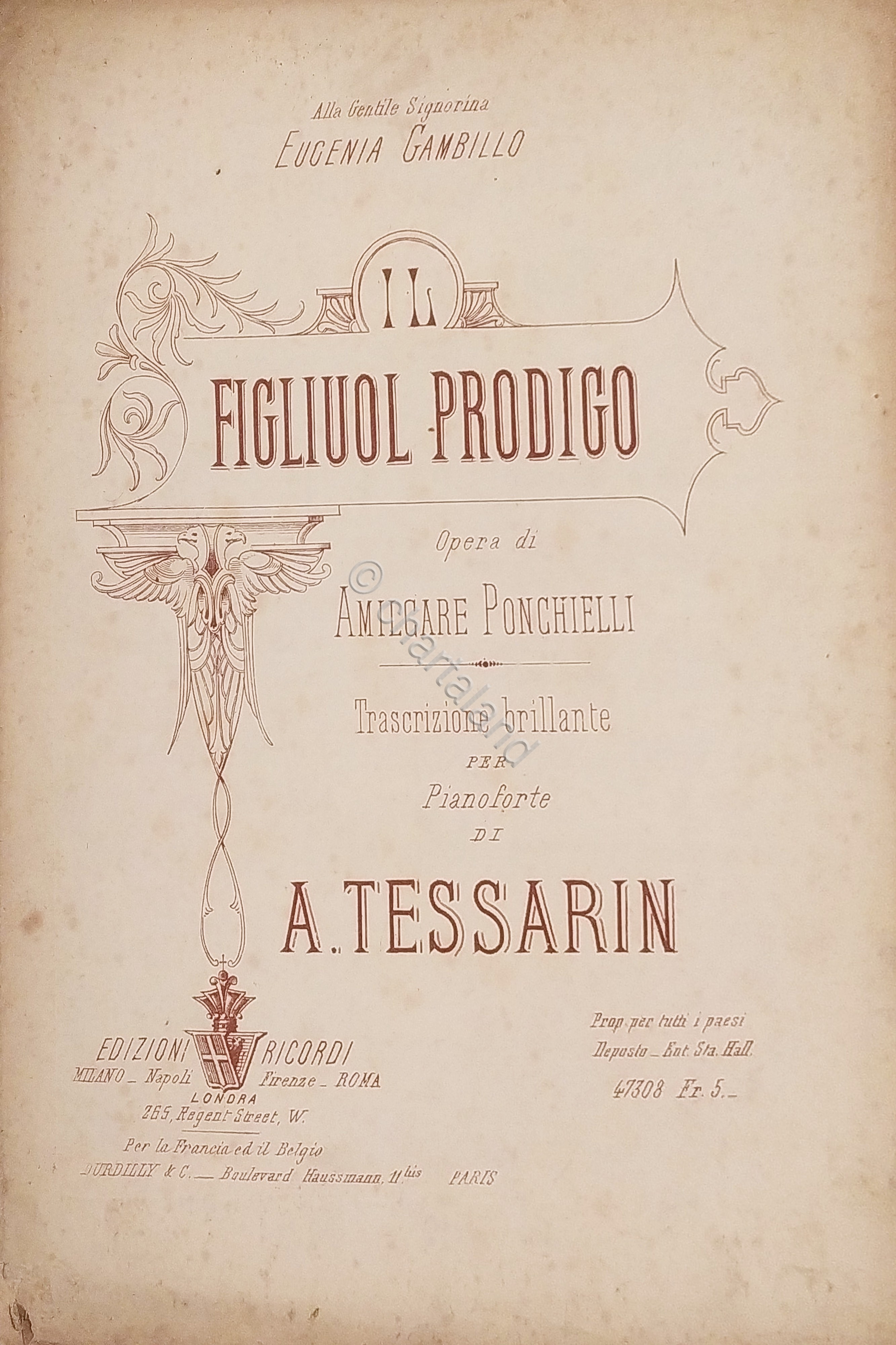 Spartiti - Il Figliuol Prodigo - Opera di A. Ponchielli …