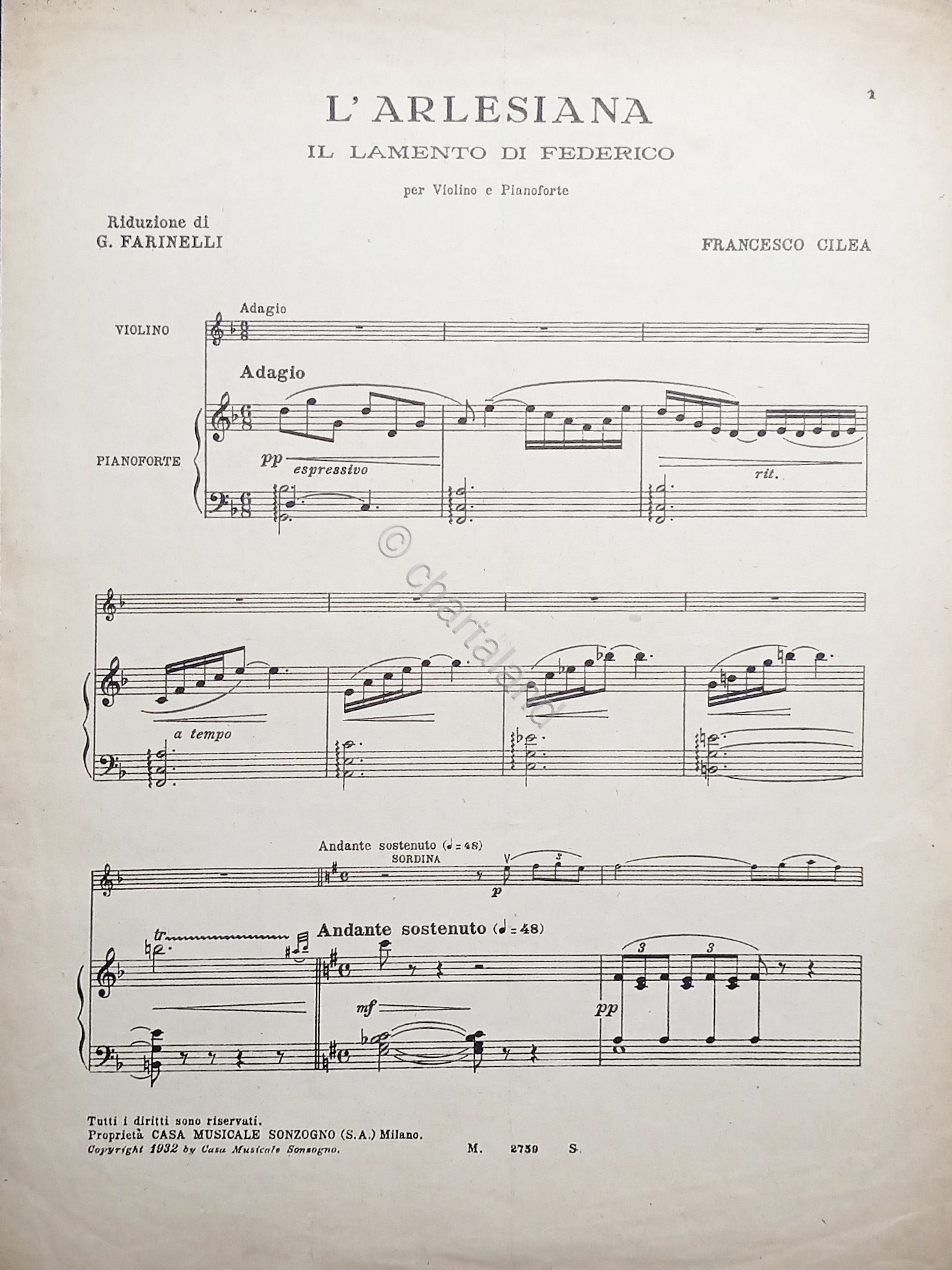 Spartiti - L'Arlesiana: Il Lamento di Federico - Violino Piano …