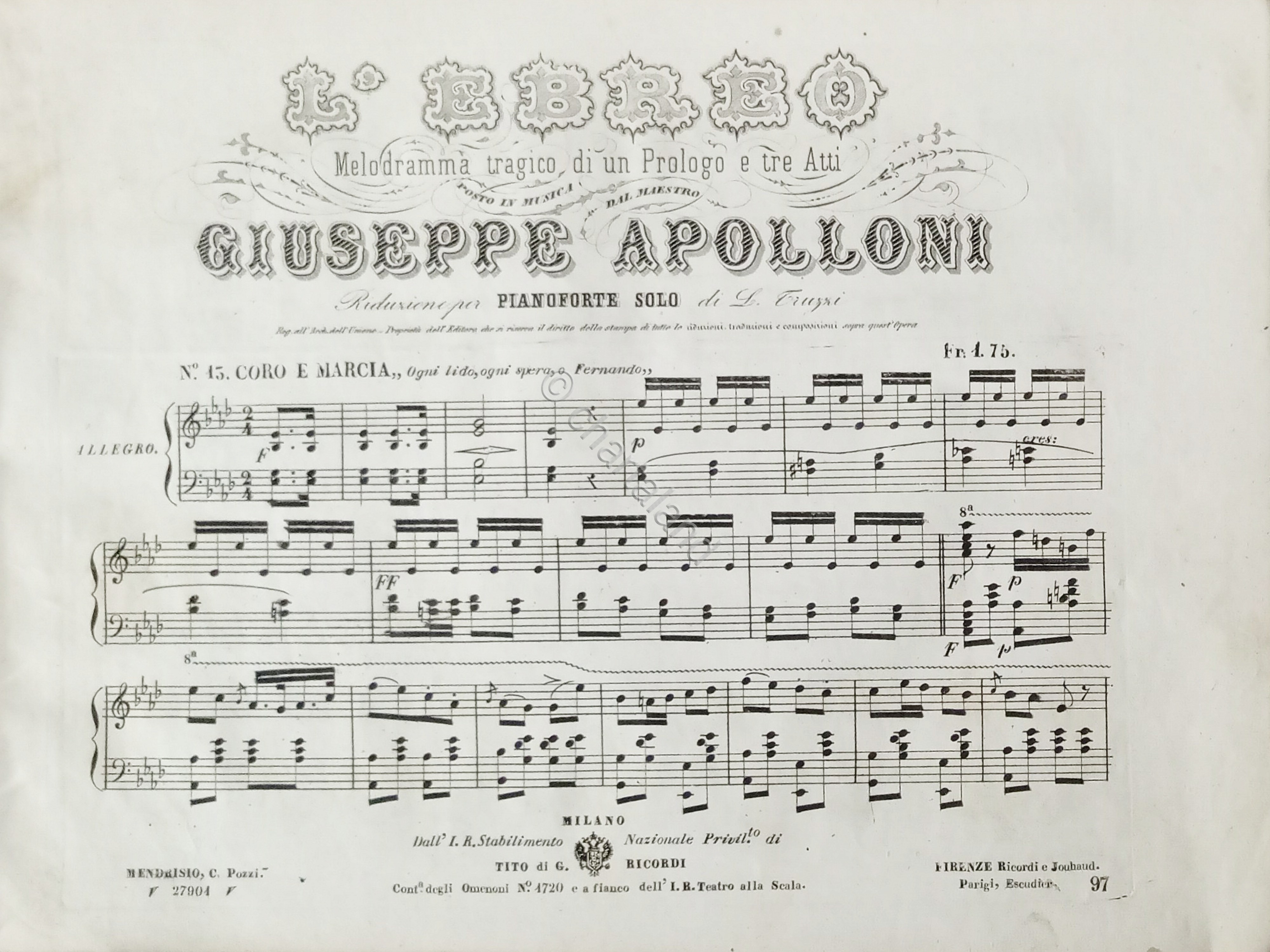 Spartiti - L'Ebreo - Melodramma tragico per Piano di G. …