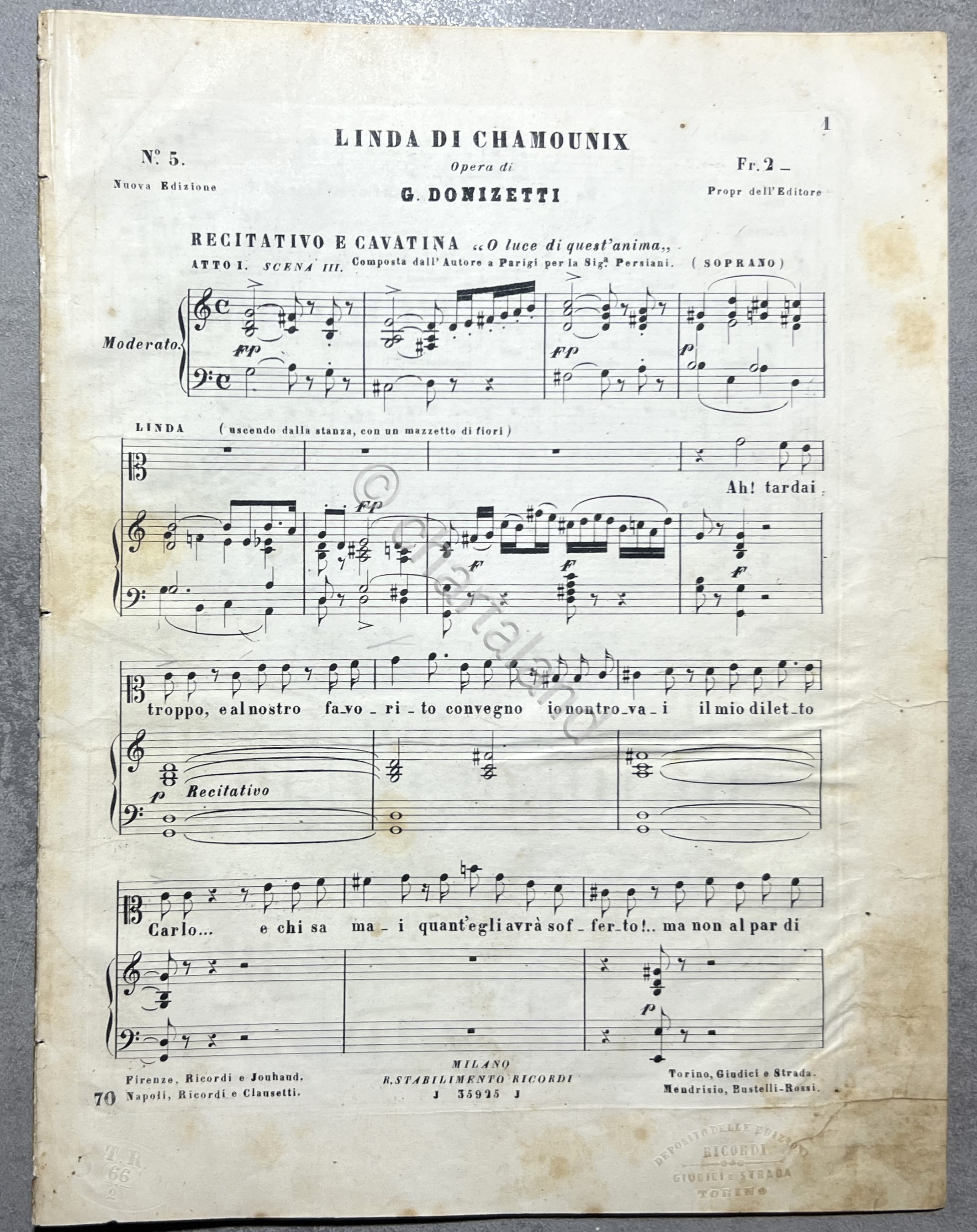 Spartiti - Linda di Chamounix - Opera di G. Donizetti …