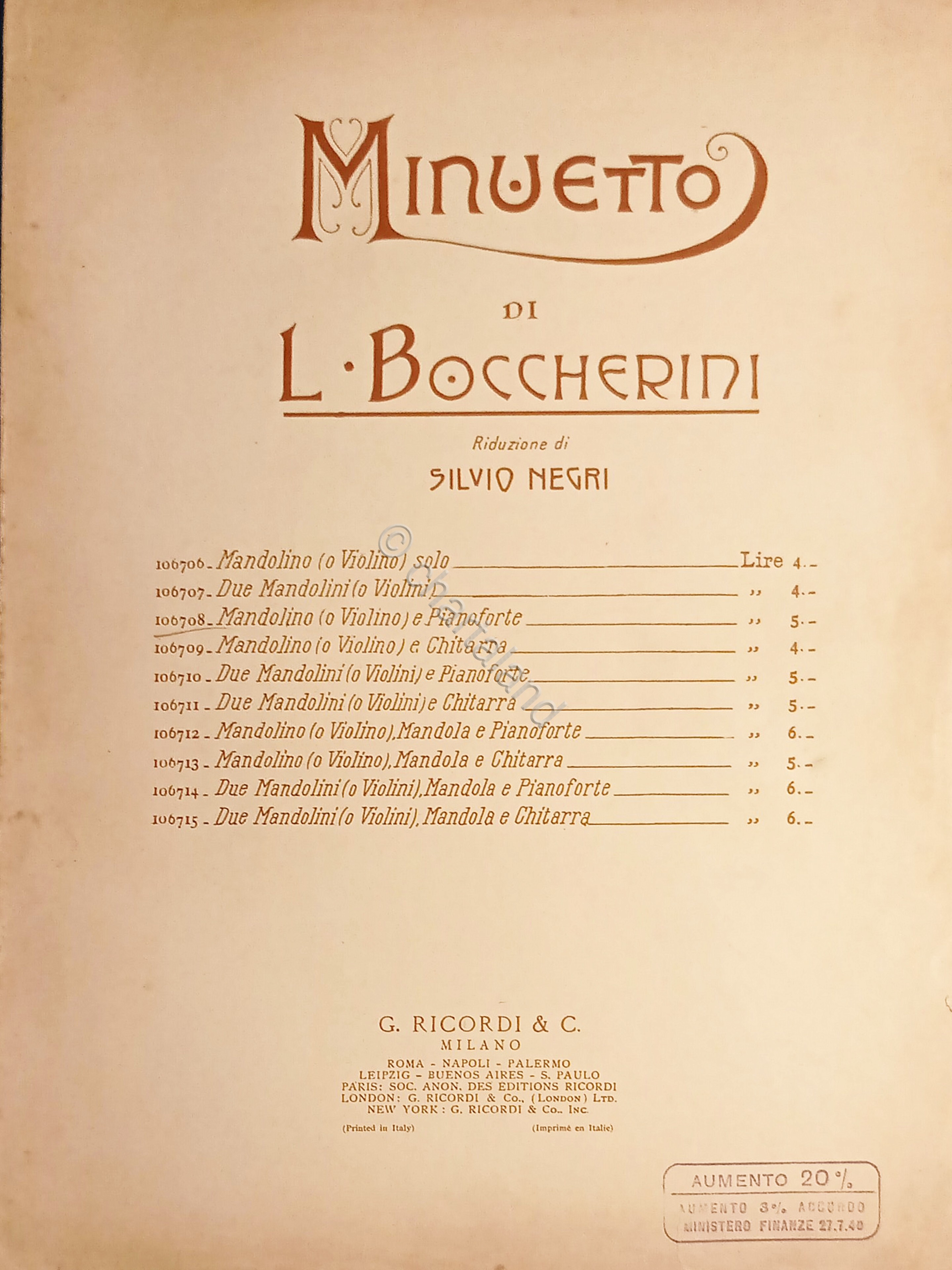 Spartiti - Minuetto di L. Boccherini - Mandolino ( o …