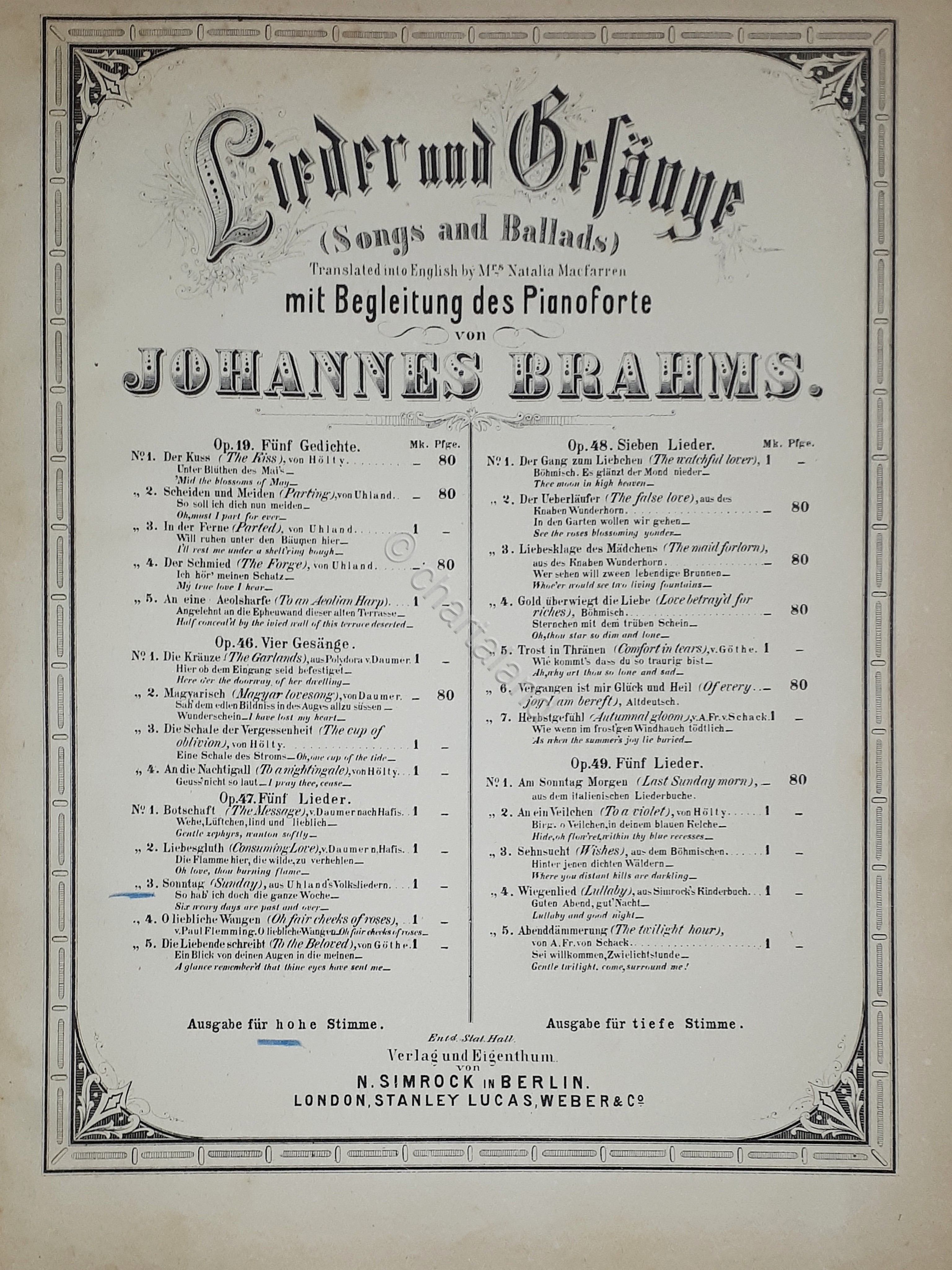 Spartiti - Sonntag - Sunday - Joh. Brahms - Piano …